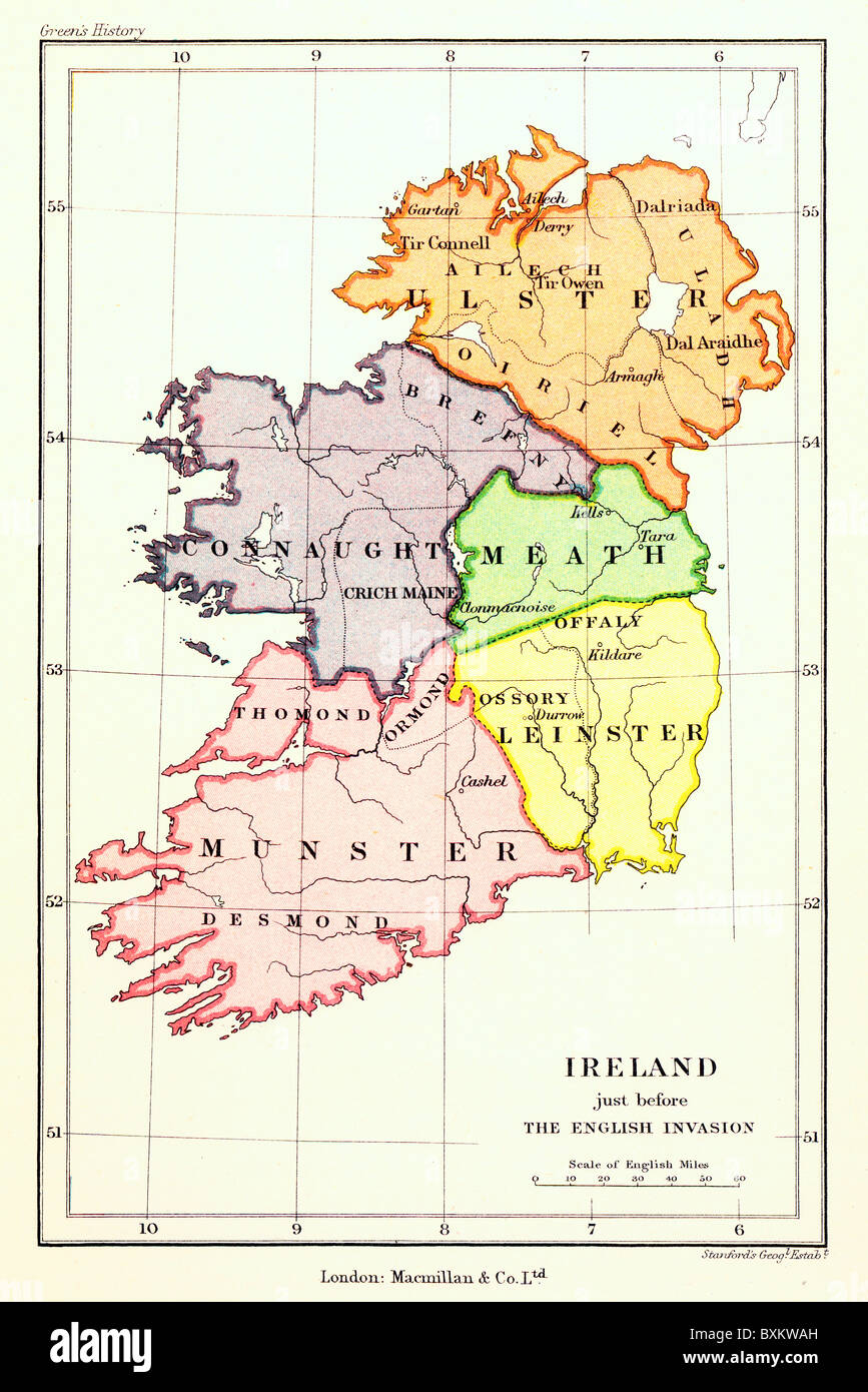 Une carte des cinq provinces Irlandais avant les neuf ans de guerre entre 1594 et 1603 ; illustration couleur ; Banque D'Images