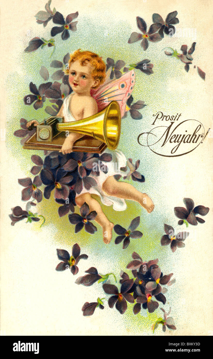 Kitsch Souvenir Carte De Voeux Bonne Annee Petit Ange Avec Gramophone Lithographie Carte Postale Autriche 1901 Historique Historique 1900 Au Tournant Du Xixe Xxe Siecle Fleurs Phonogrpah Puto Aile Ailes