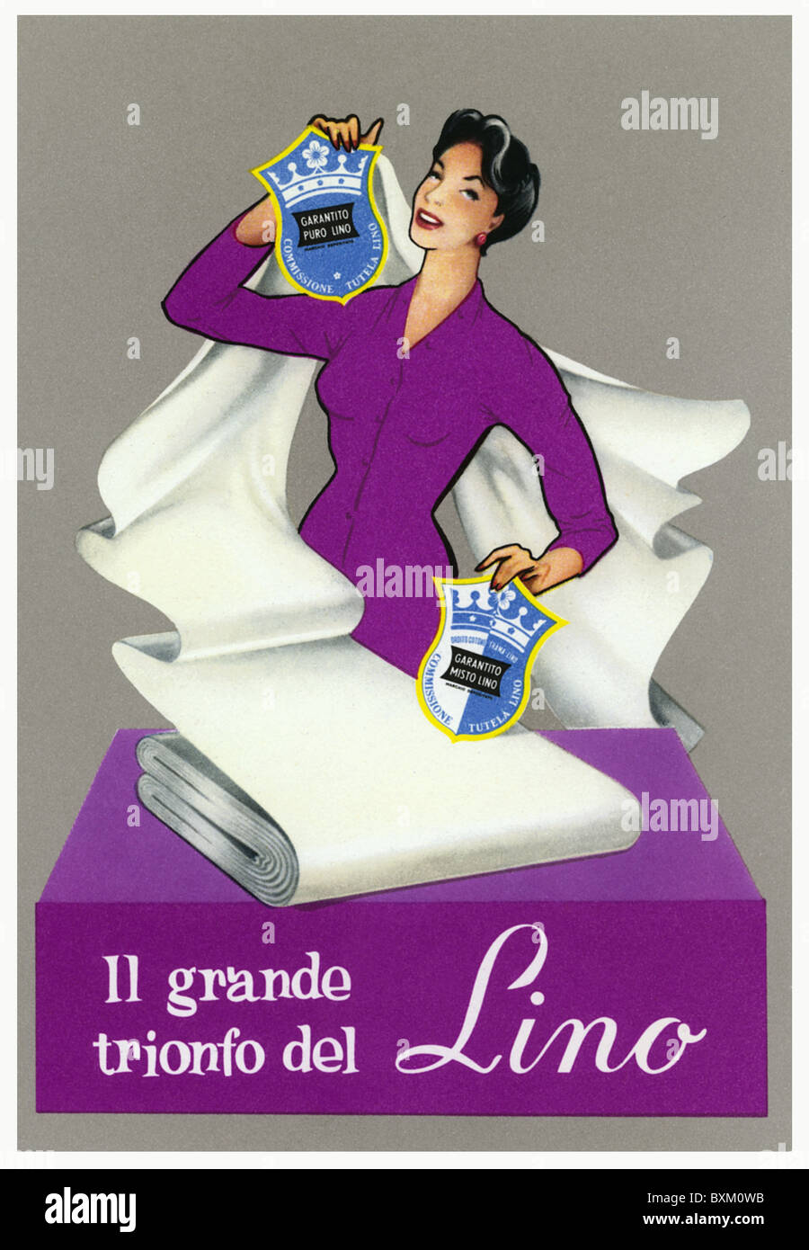 Publicité, lin, femme présentant le panel et la marque d'excellence, Italie, vers 1960, droits additionnels-Clearences-non disponible Banque D'Images