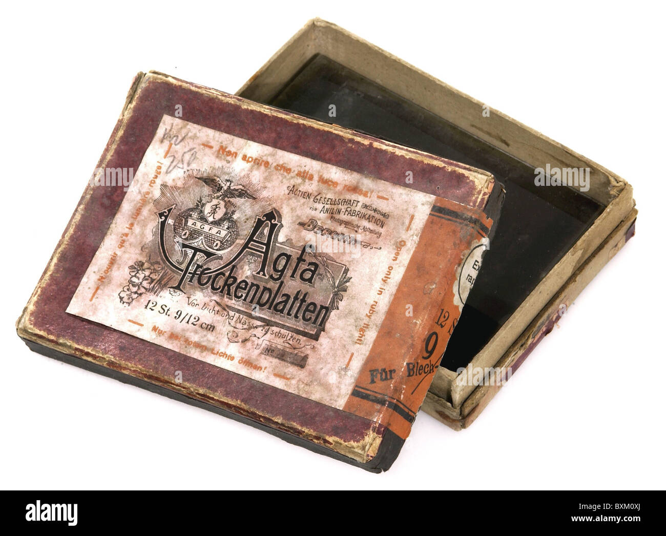 Photographie, accessoires, boîte avec 12 négatifs en verre, format 9 x 12 cm, Agfa, Berlin, Allemagne, vers 1899, droits supplémentaires-Clearences-non disponible Banque D'Images