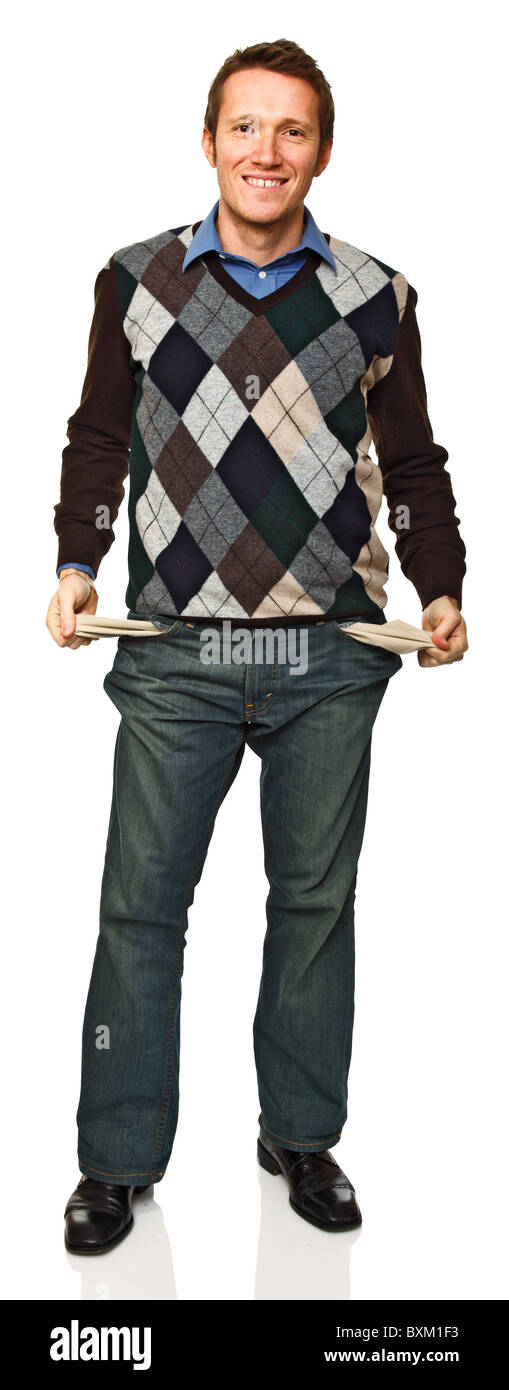 Jeune homme montrer sa poche vide isolated on white Banque D'Images