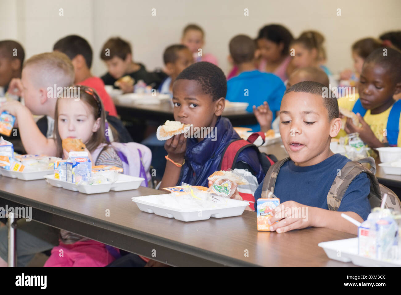 L'école élémentaire de filles et garçons manger le déjeuner et interagir avec les autres étudiants de l'école primaire de hêtre Manchester NH Banque D'Images