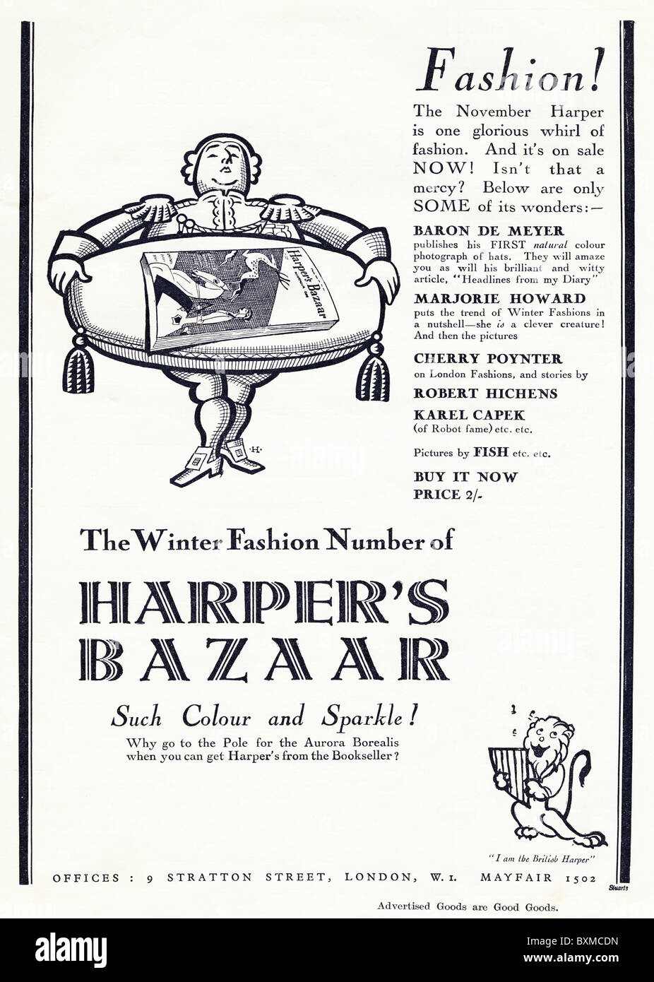 Publicité pleine page pour Harper's Bazaar magazine de mode dans le magazine vers 1929 Banque D'Images
