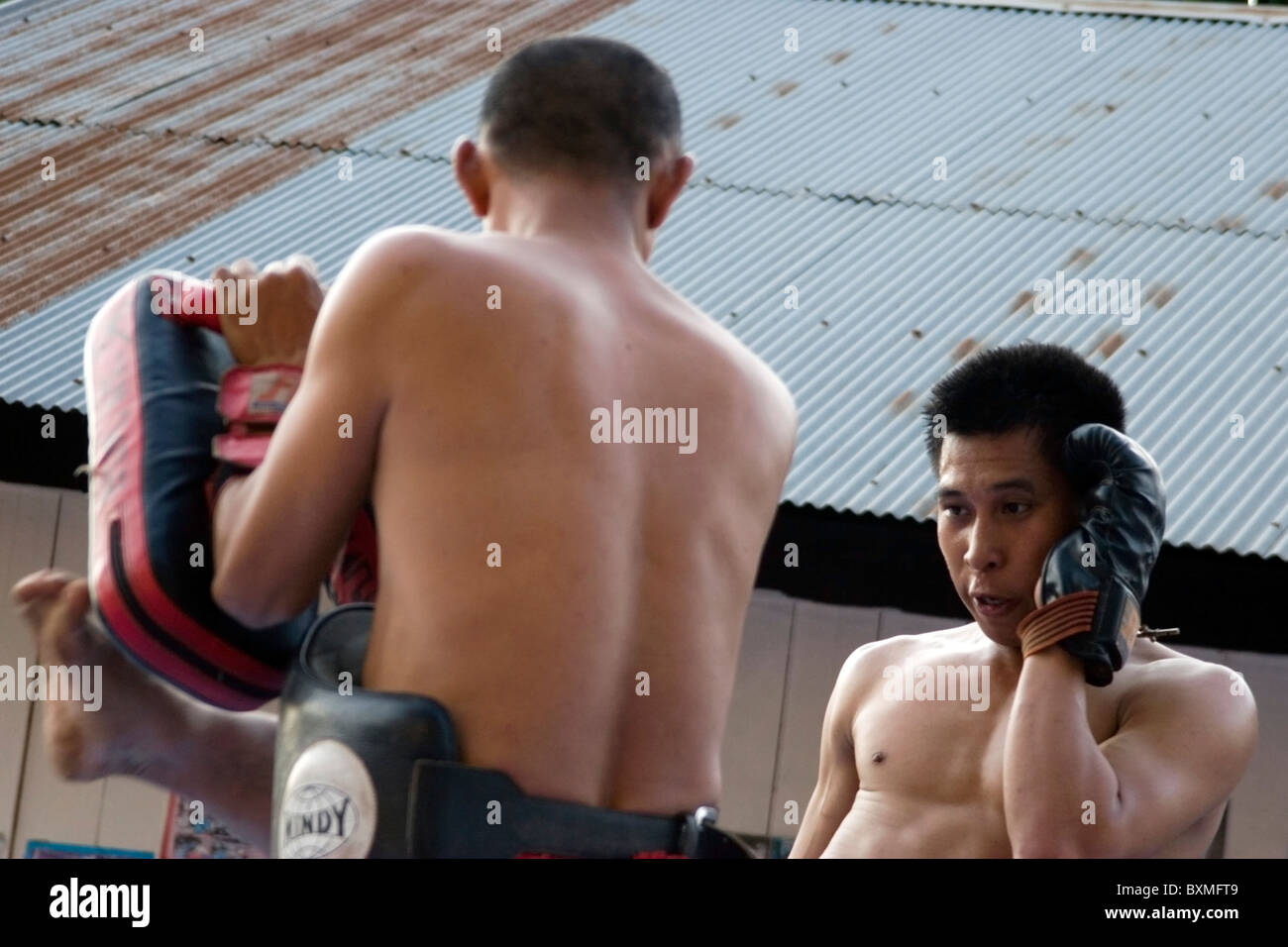 Deux boxeurs de Muay Thai sont dans un combat de boxe dans une salle de sport en milieu rural Mae Sariang, Thaïlande. Banque D'Images