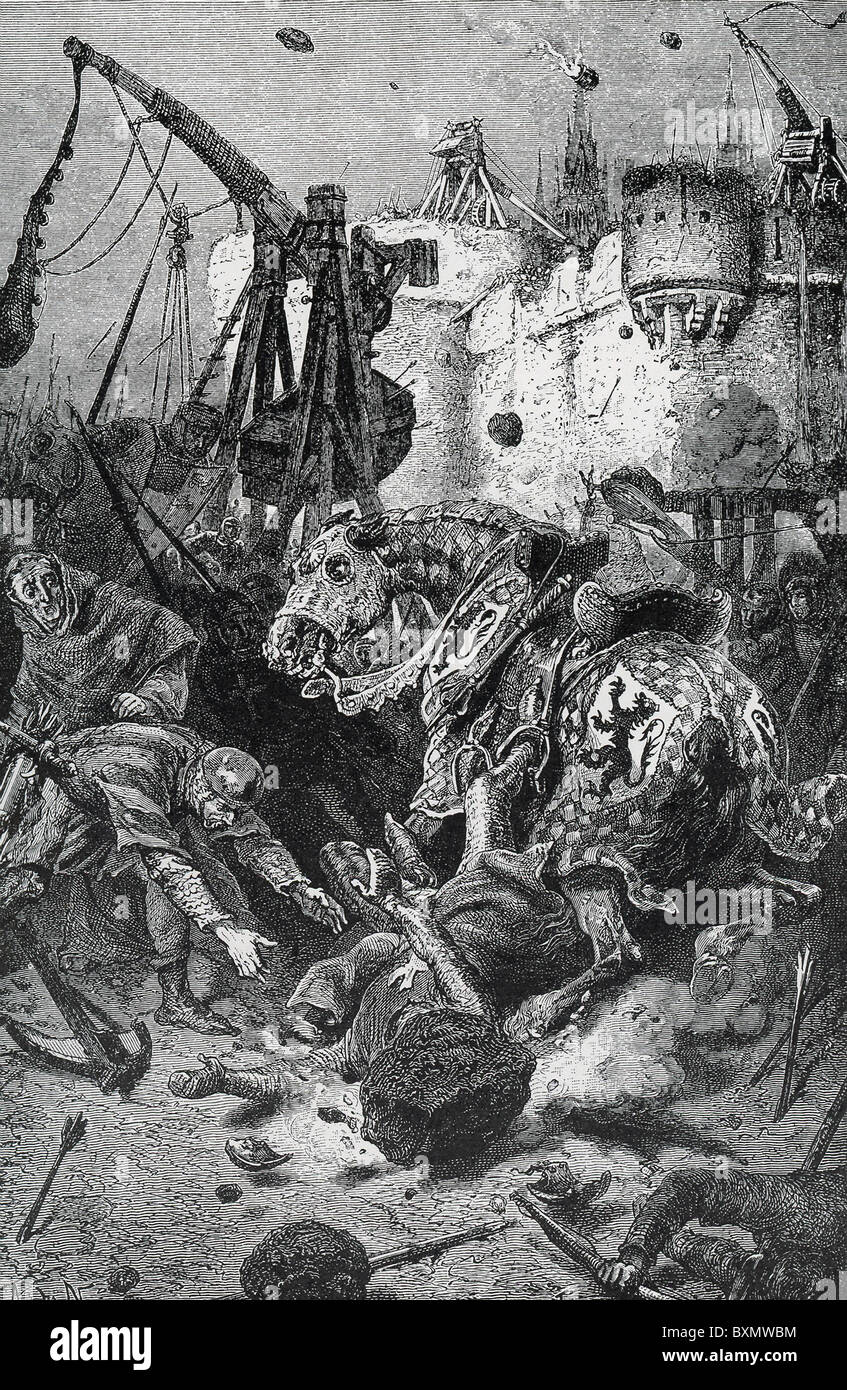 Noble français Simon de Montfort au siège de Toulouse a été tué le 25 juin 1218, par une pierre catapultée. Banque D'Images