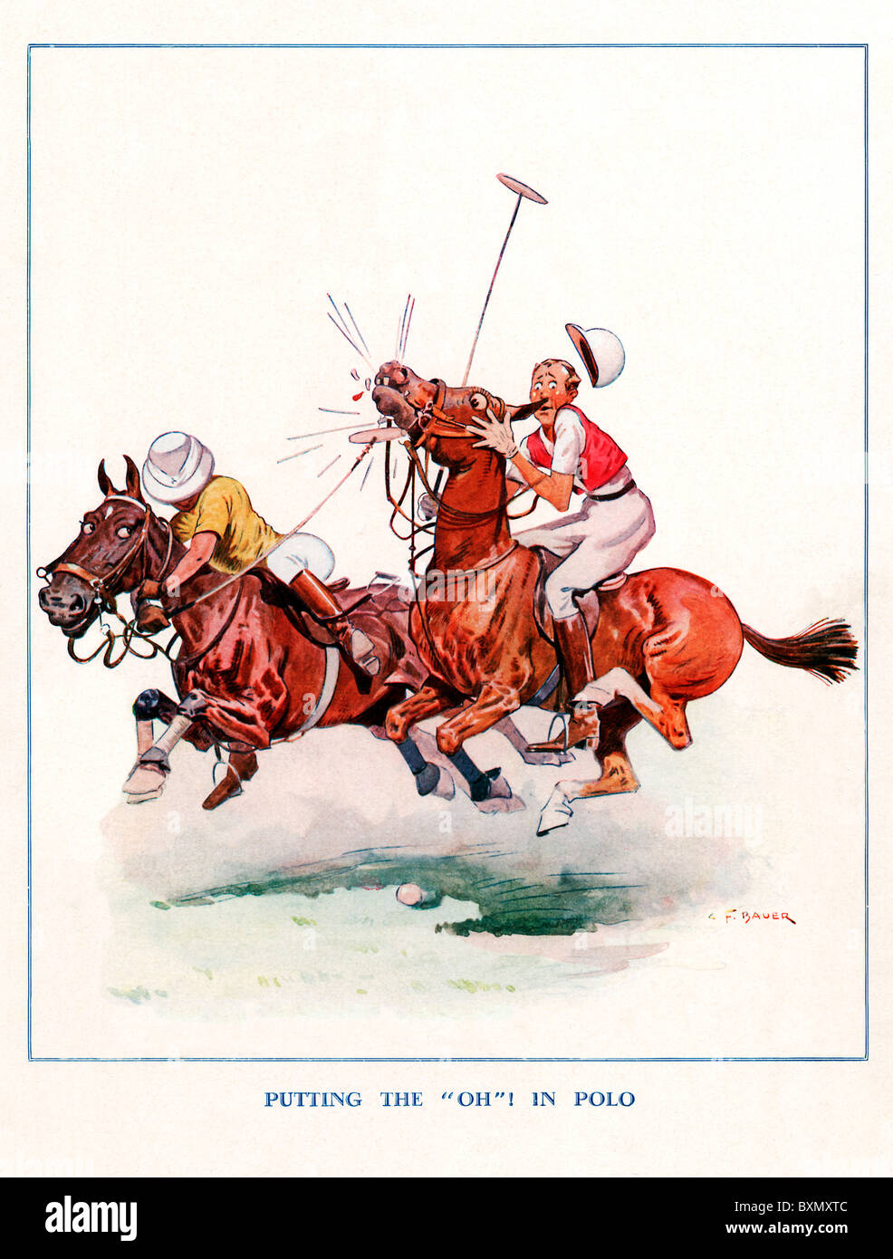Mettre le 'Oh' dans le Polo, 1930 Dessin animé sur les dangers pour les pauvres de l'Equestrian horse ball jeu sport Banque D'Images