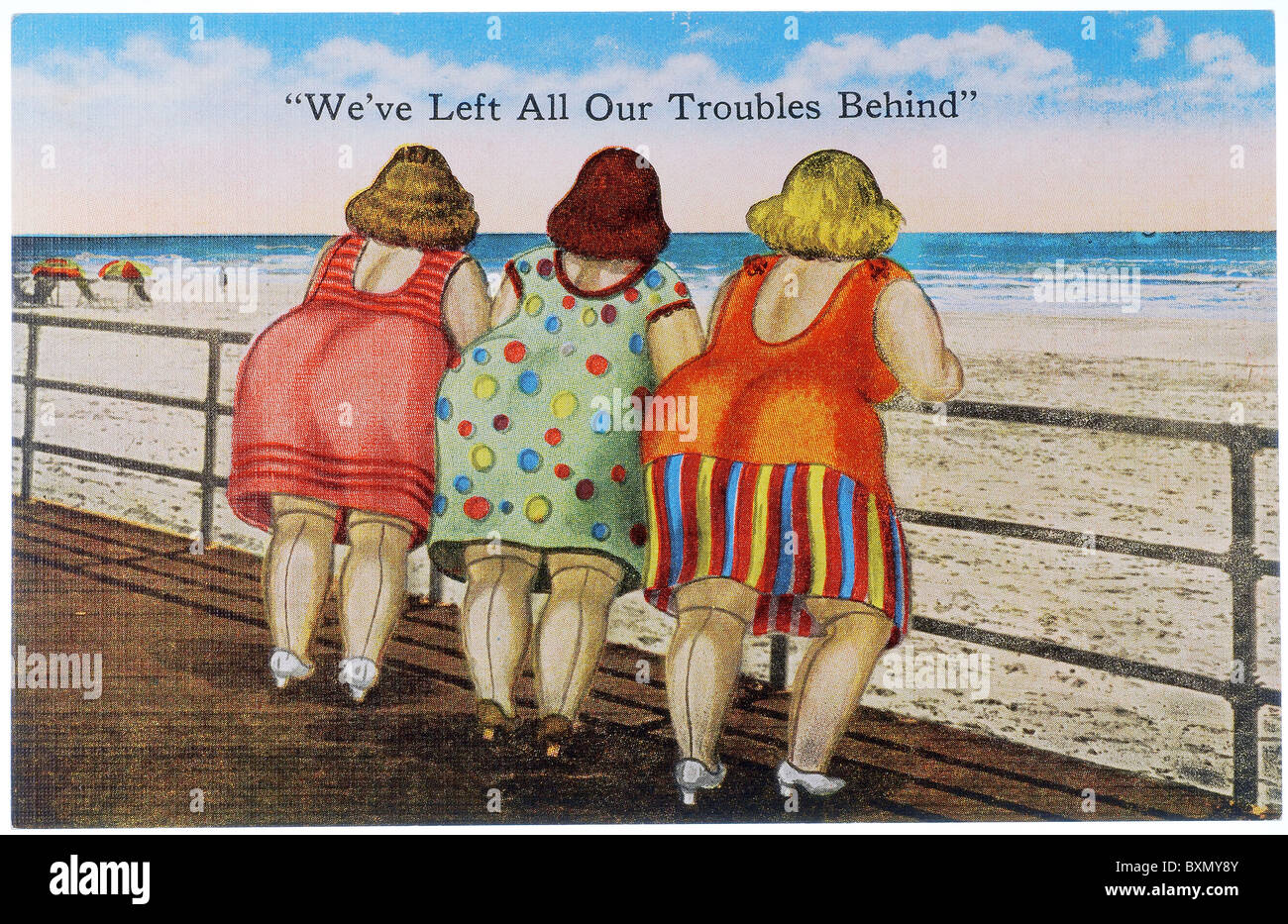 Vintage comic carte postale de trois femmes fat bottomed à la plage Banque D'Images