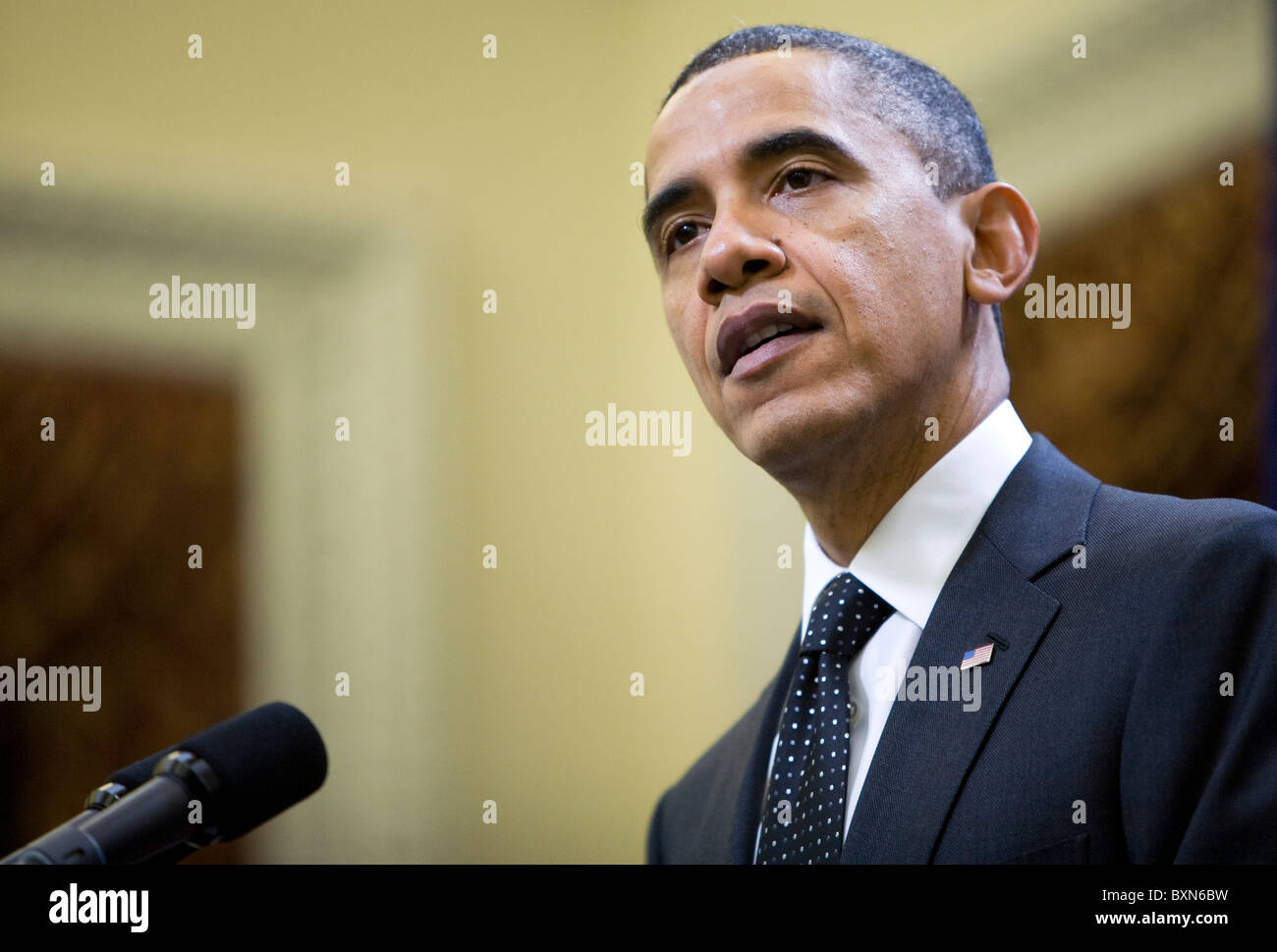 Le président Barack Obama parle aux médias. Banque D'Images