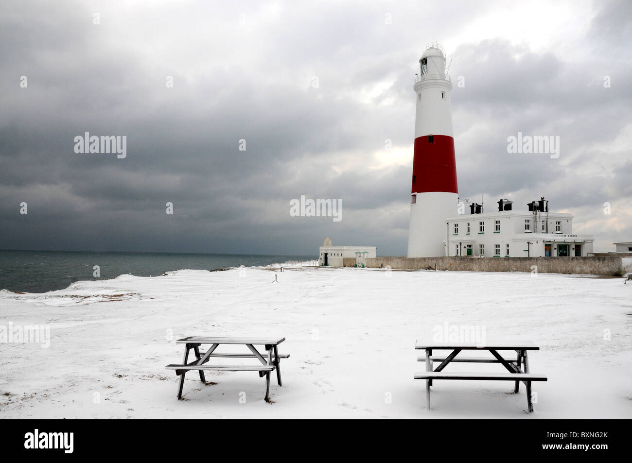Portland Bill lighthouse avec snow, Dorset, Angleterre, Royaume-Uni Banque D'Images