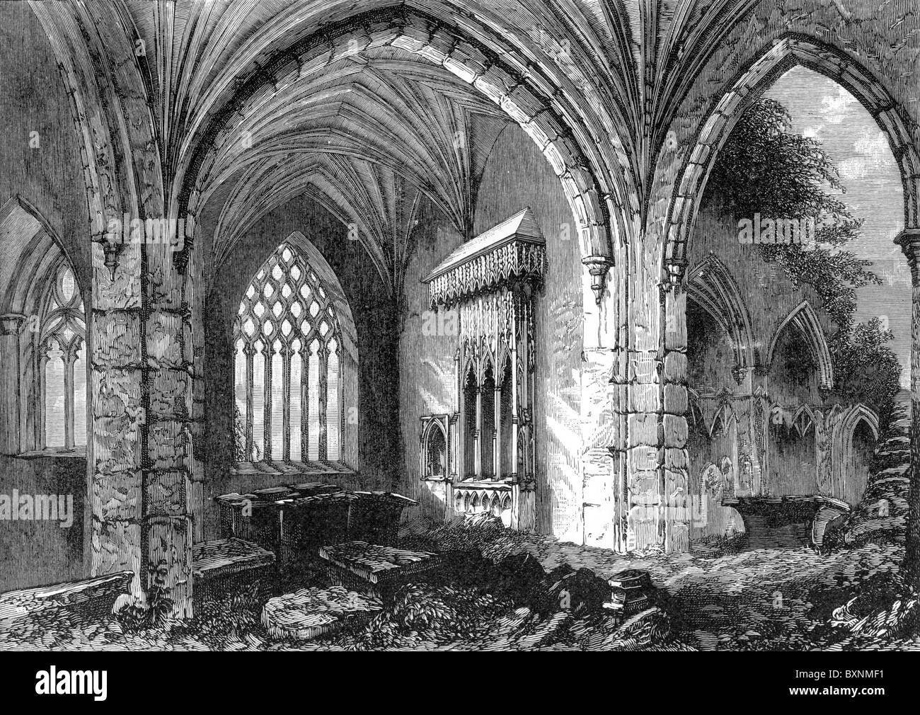L'Abbaye de Sainte Croix, Tipperary, Irlande après une gravure de William Henry Bartlett ; noir et blanc Illustration ; Banque D'Images