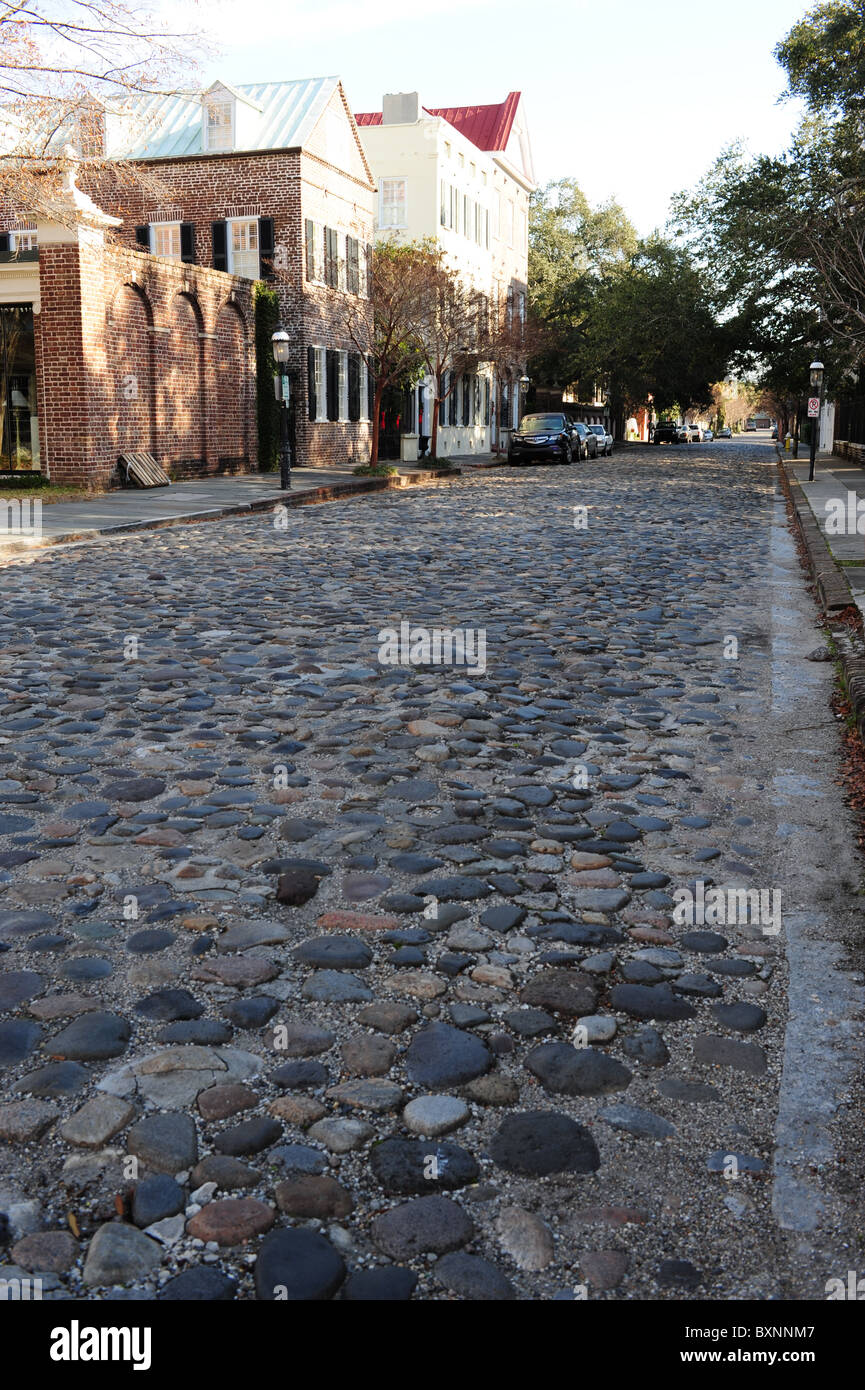 Chalmers Street, restant la plus longue rue pavée, des noms après le Dr Lionel Chalmers. Banque D'Images