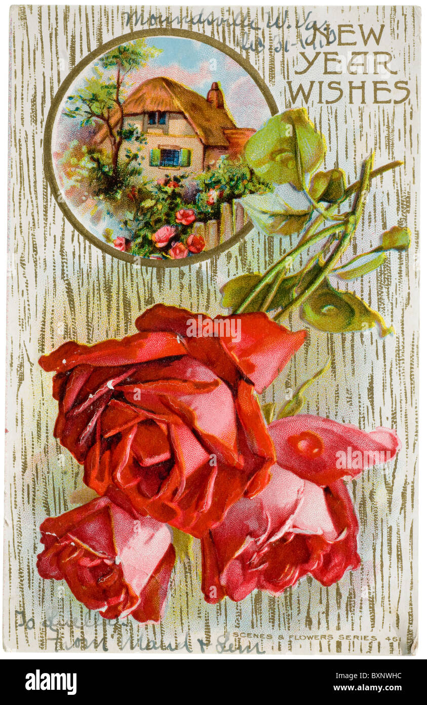 Nouveau Vintage Années carte postale avec roses rouges Banque D'Images
