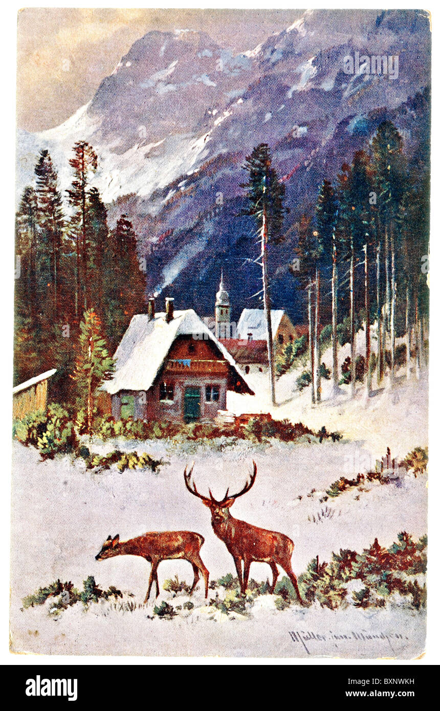 Vintage carte postale avec la peinture à l'huile de cerfs dans les montagnes Banque D'Images