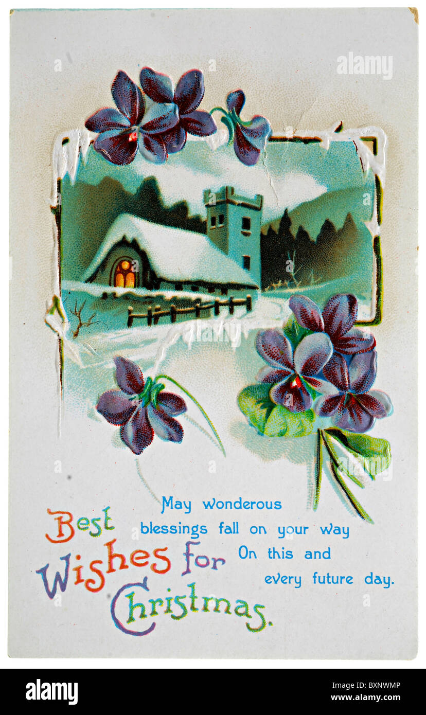 Carte postale de Noël vintage avec l'église de neige et les violettes Banque D'Images