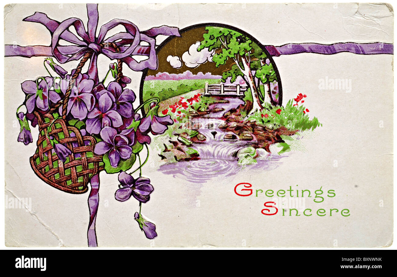 Sincères salutations vintage carte postale avec violette et décors Banque D'Images