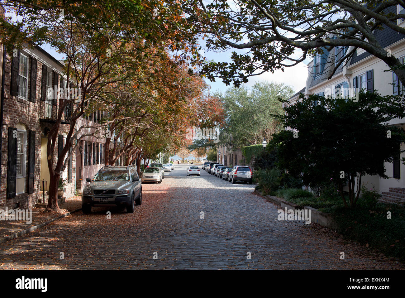 Belle rue et maisons à Charleston, SC Banque D'Images
