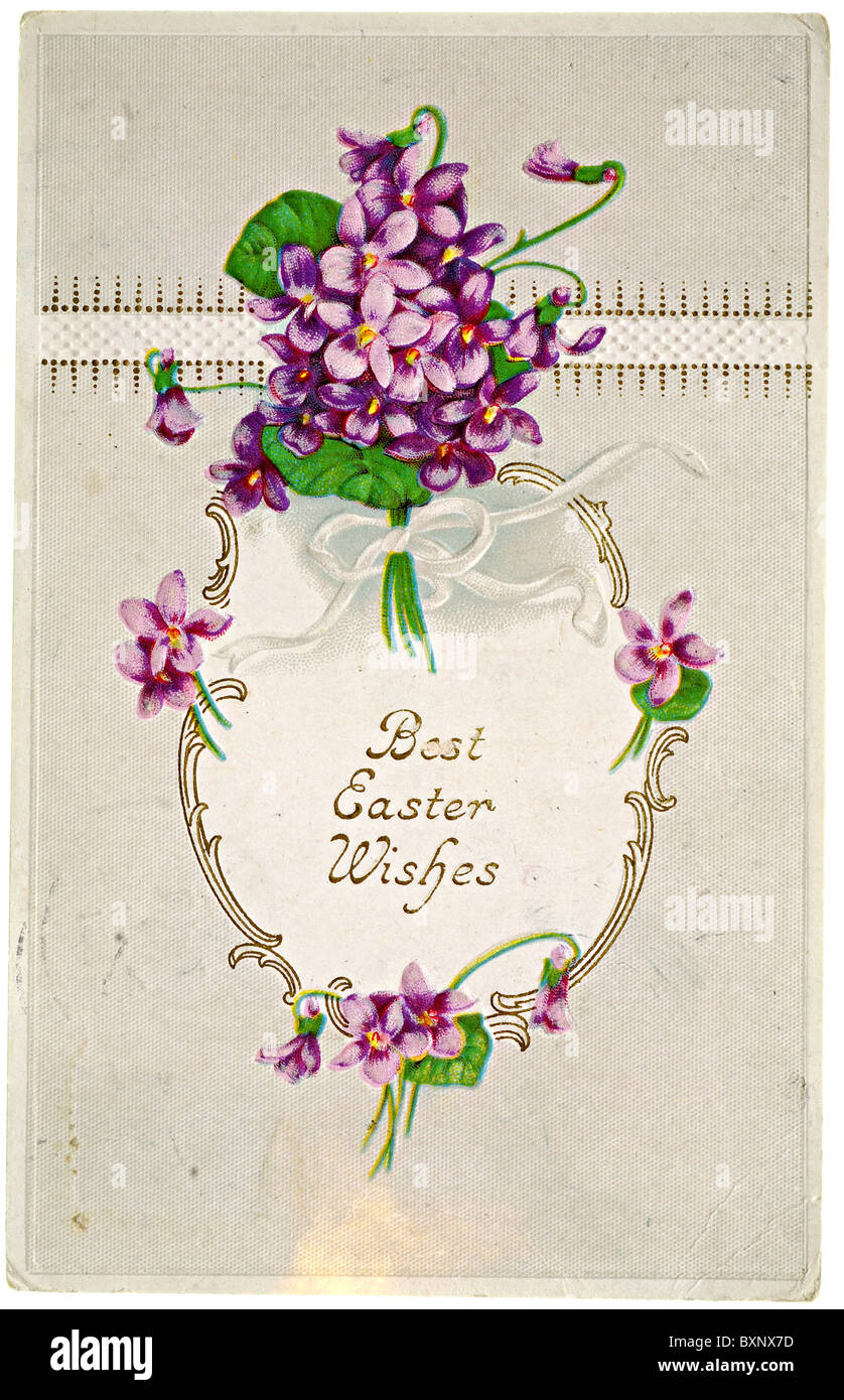 Vintage carte postale de Pâques avec violettes Banque D'Images