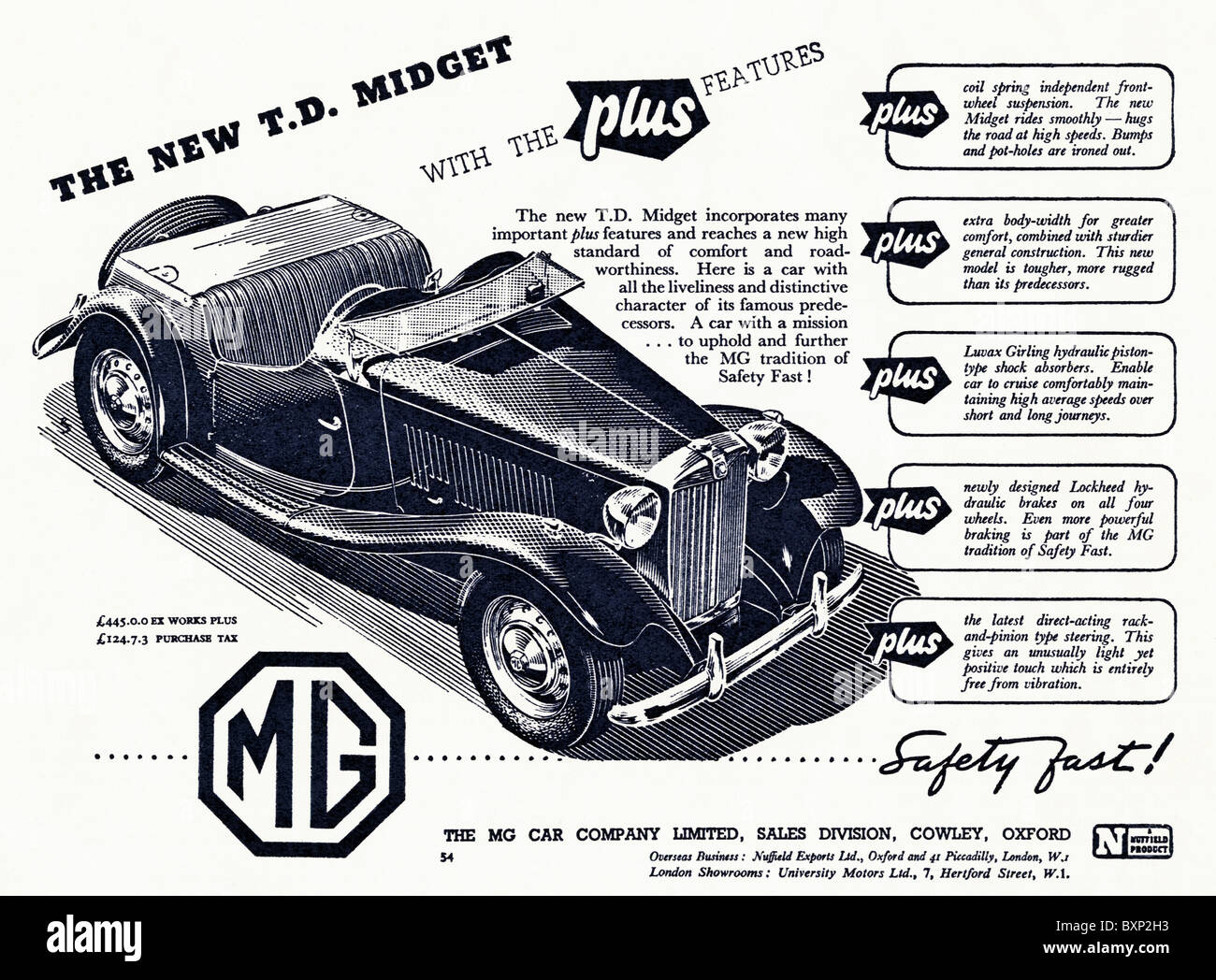La publicité utilisée vers 1950 pour la série TD 2 MG Midget roadster porte produit 1950 - 1953 Banque D'Images