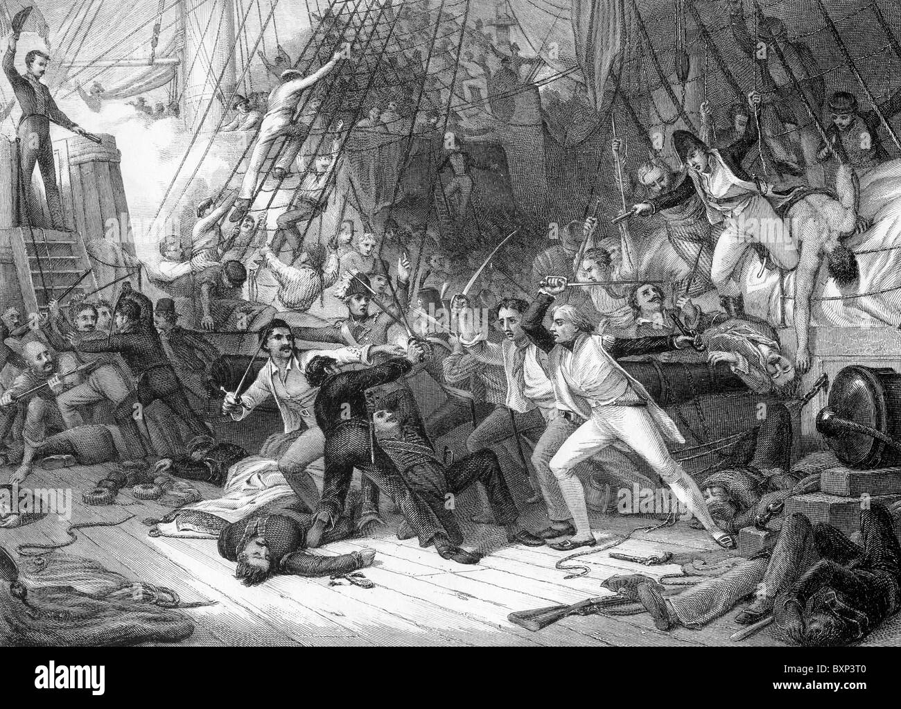 Le Commodore Horatio Nelson à bord du San Josef à la bataille du Cap St Vincent, 14 févr. 1797 ; noir et blanc Illustration ; Banque D'Images