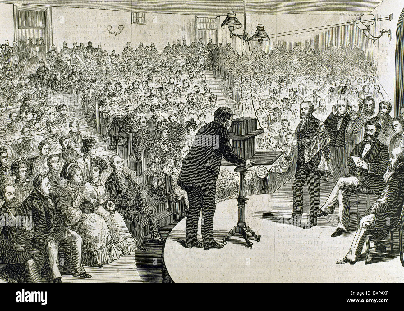 Des expériences sur le téléphone de M. Alexander Graham Bell (1847-1922), de transmettre la voix humaine sur de longues distances. Boston. Banque D'Images