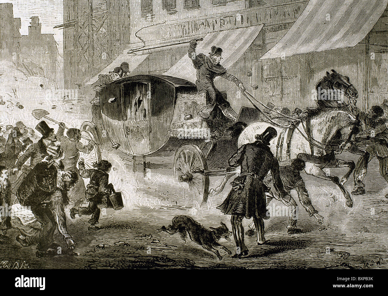 Polignac (1780-1847). Homme politique français. La foule poursuit Polignac's transport avec des pierres. Juillet 1830. Banque D'Images