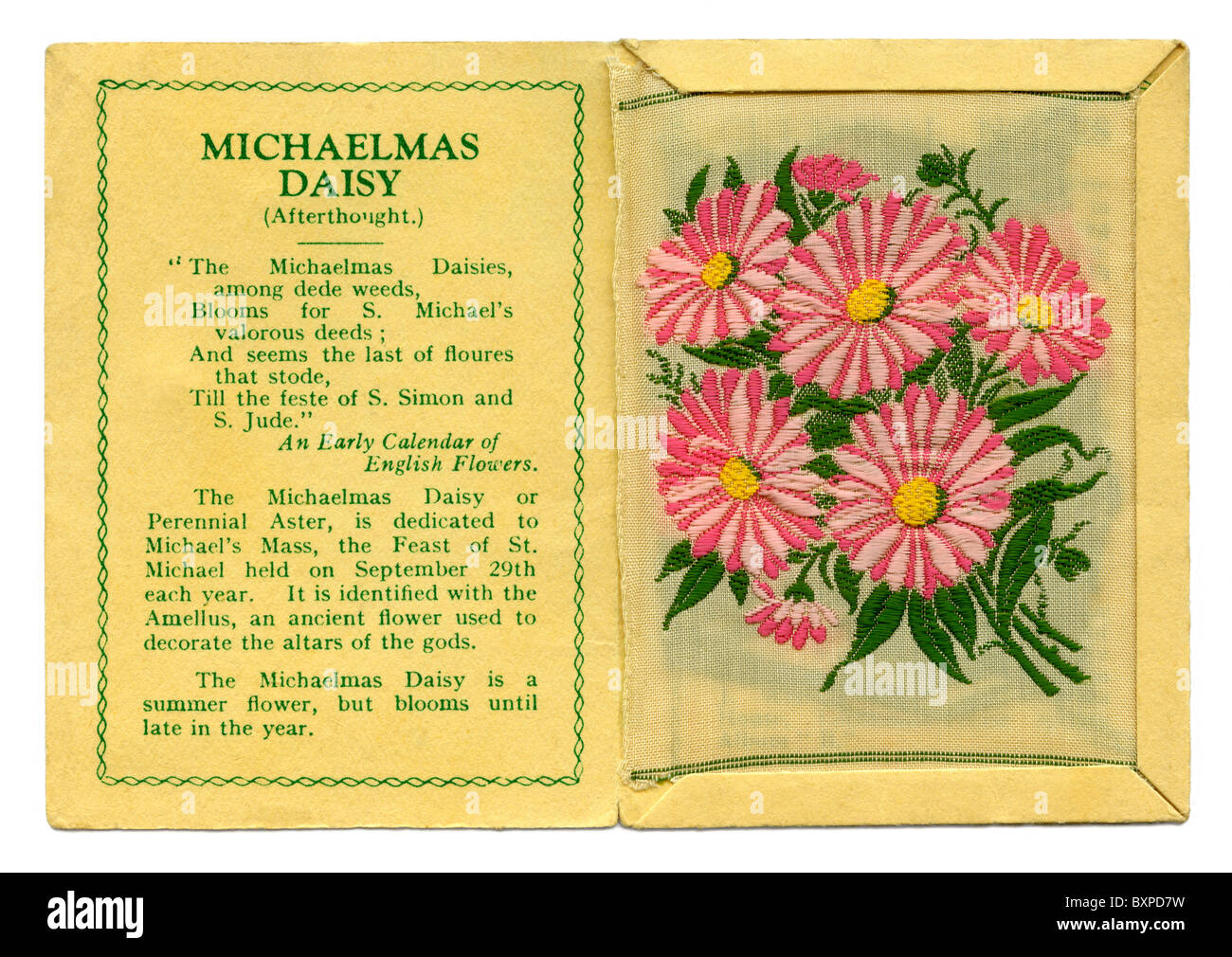 Fleurs Kensitas carte cigarette contenant un dossier à l'intérieur de fleurs en soie, donné dans les paquets de cigarettes en 1933 Banque D'Images