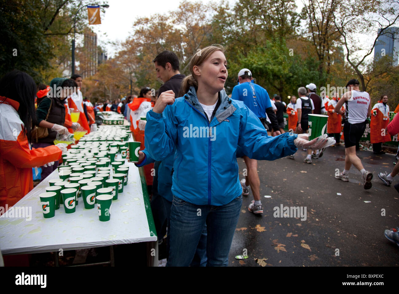 Poste d'eau dans Central Park en 2009 New York City Marathon Banque D'Images