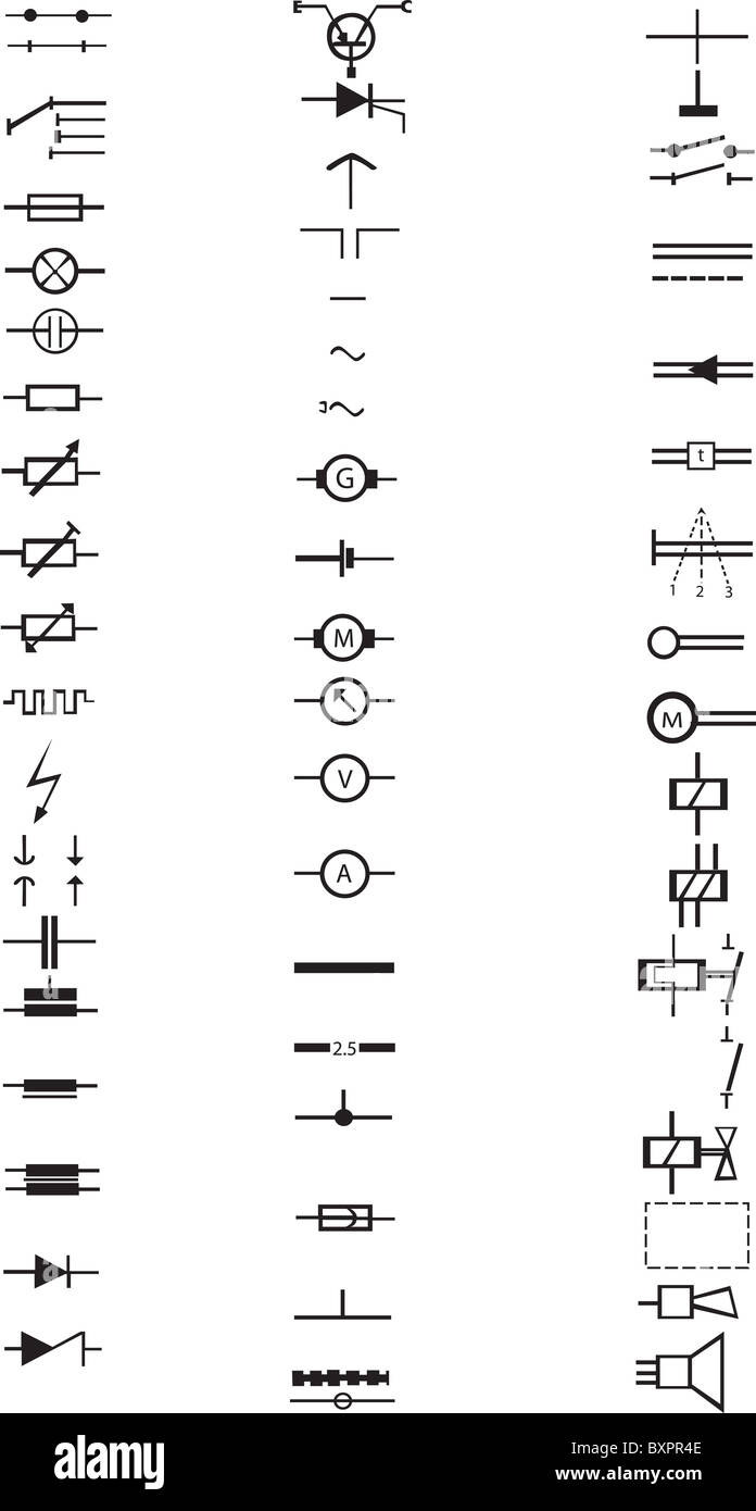 Une longue liste de nombreux signes et symboles électriques, tous dans le vector. Cette liste de composants électroniques. Banque D'Images