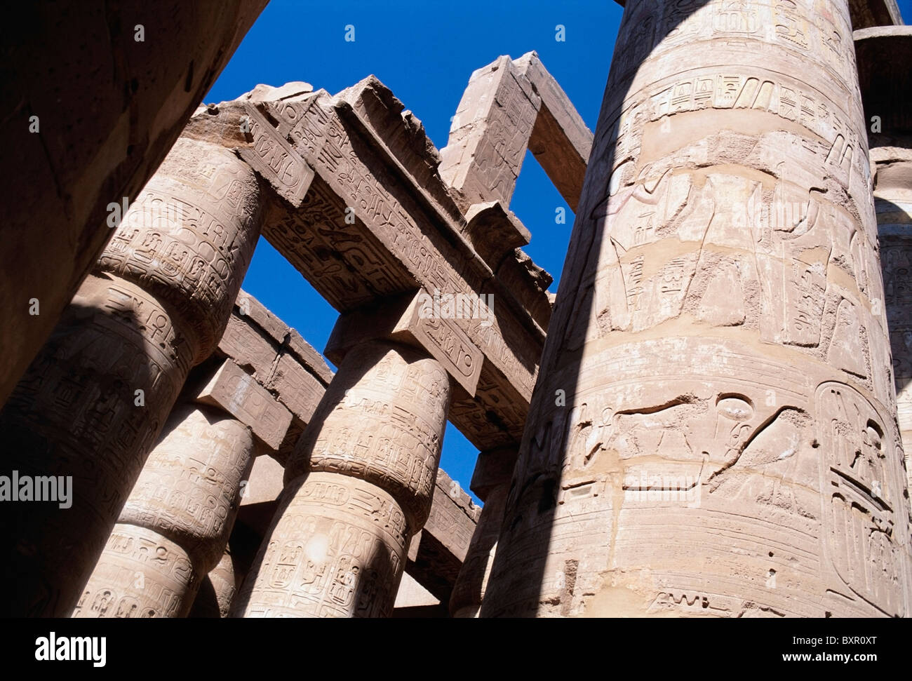 Pilier en salle hypostyle du Temple de Karnak, Banque D'Images