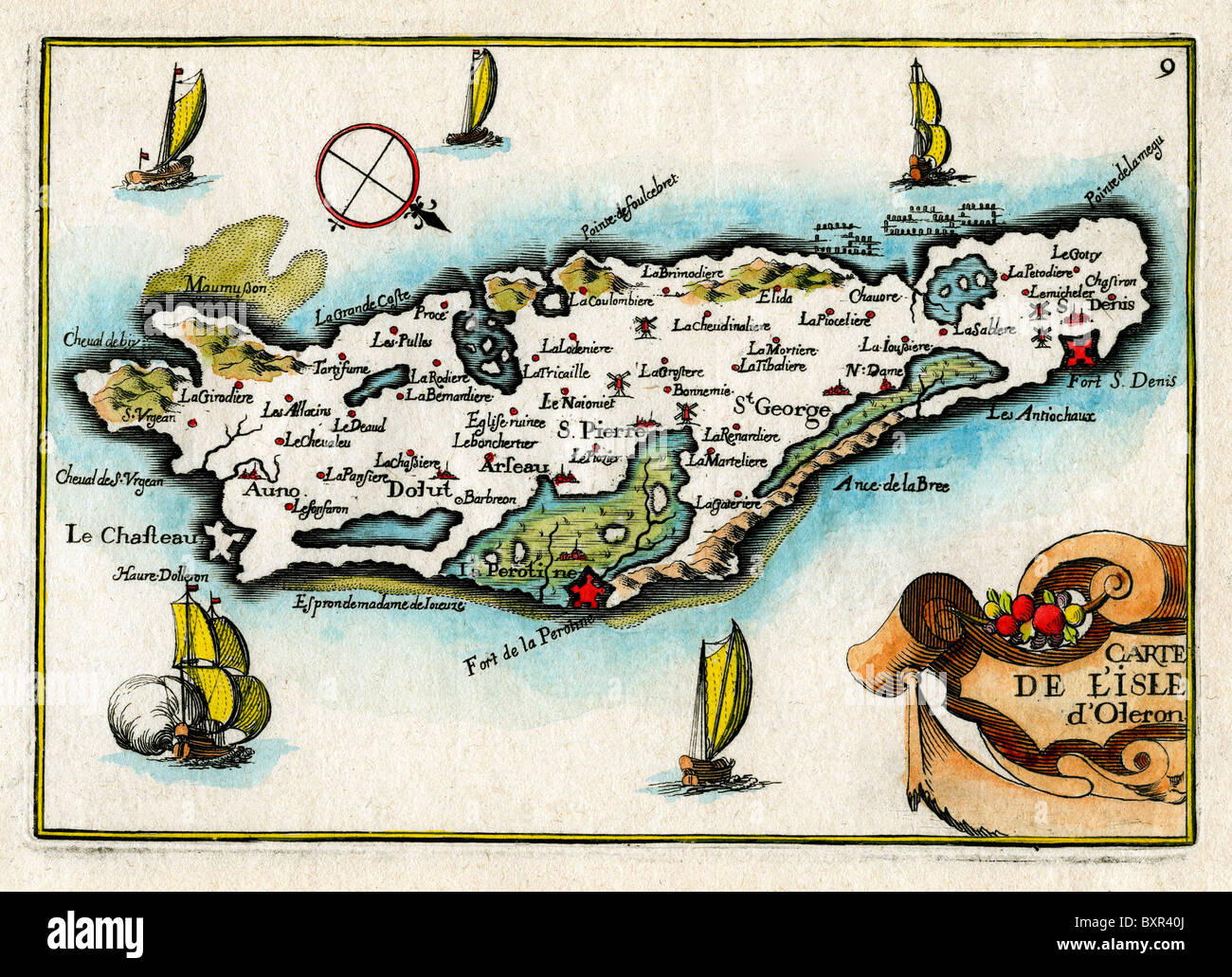 Ancienne carte ou plan de l'île d'Oléron, Charente-Maritime, Golfe de Gascogne, Côte Atlantique, Ouest de la France (gravure par Nicolas Tassin, 1636) Banque D'Images