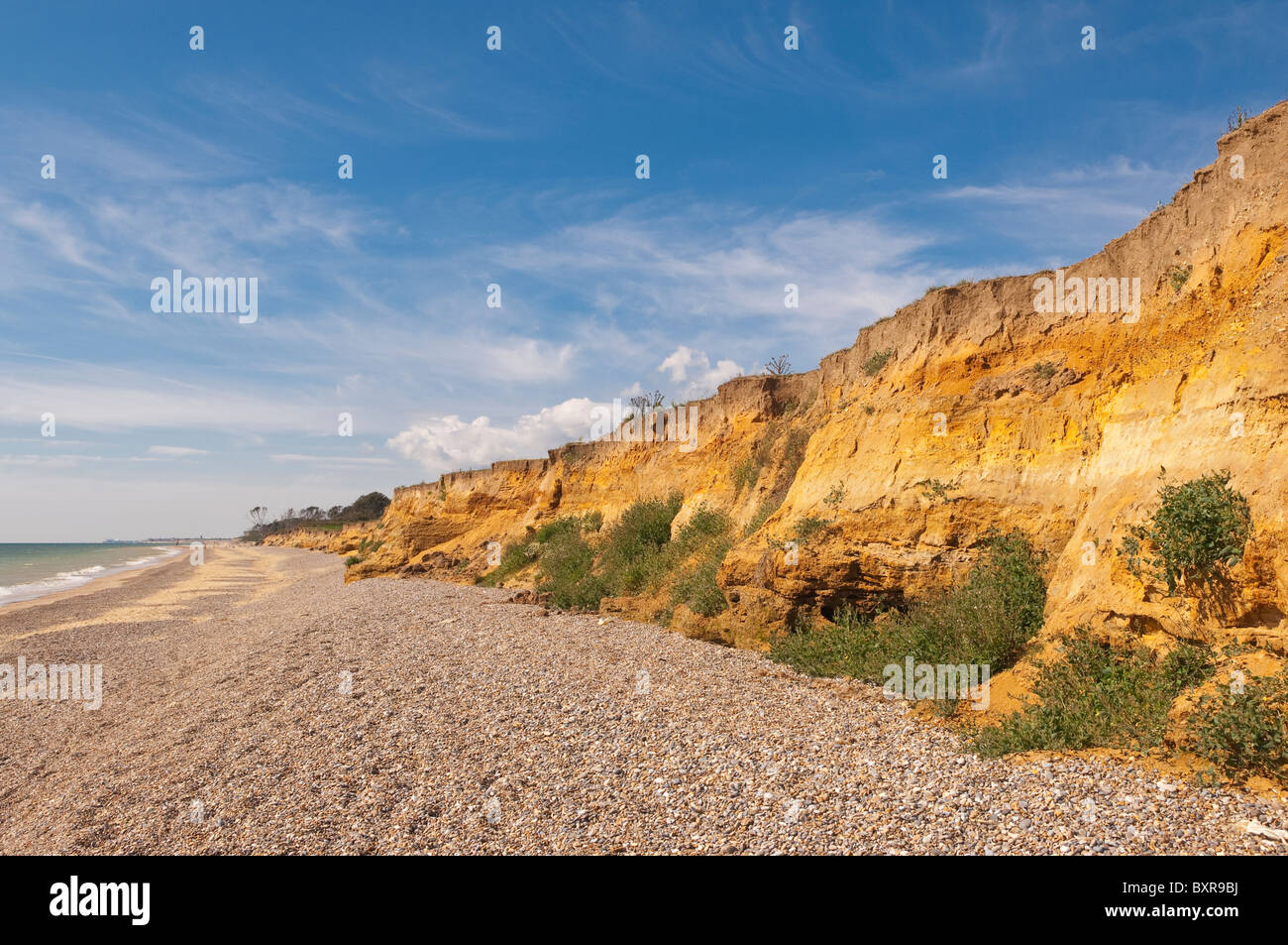 La falaise montrant l'érosion côtière sur la plage à Benacre , Suffolk , Bretagne , France Banque D'Images
