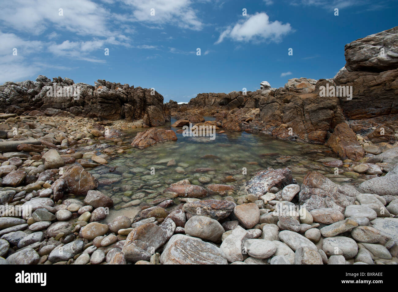 Des rochers et des cailloux le long de la côte, au Cap des aiguilles le point le plus sud de l'Afrique. L'Afrique du Sud, d'Overberg Banque D'Images