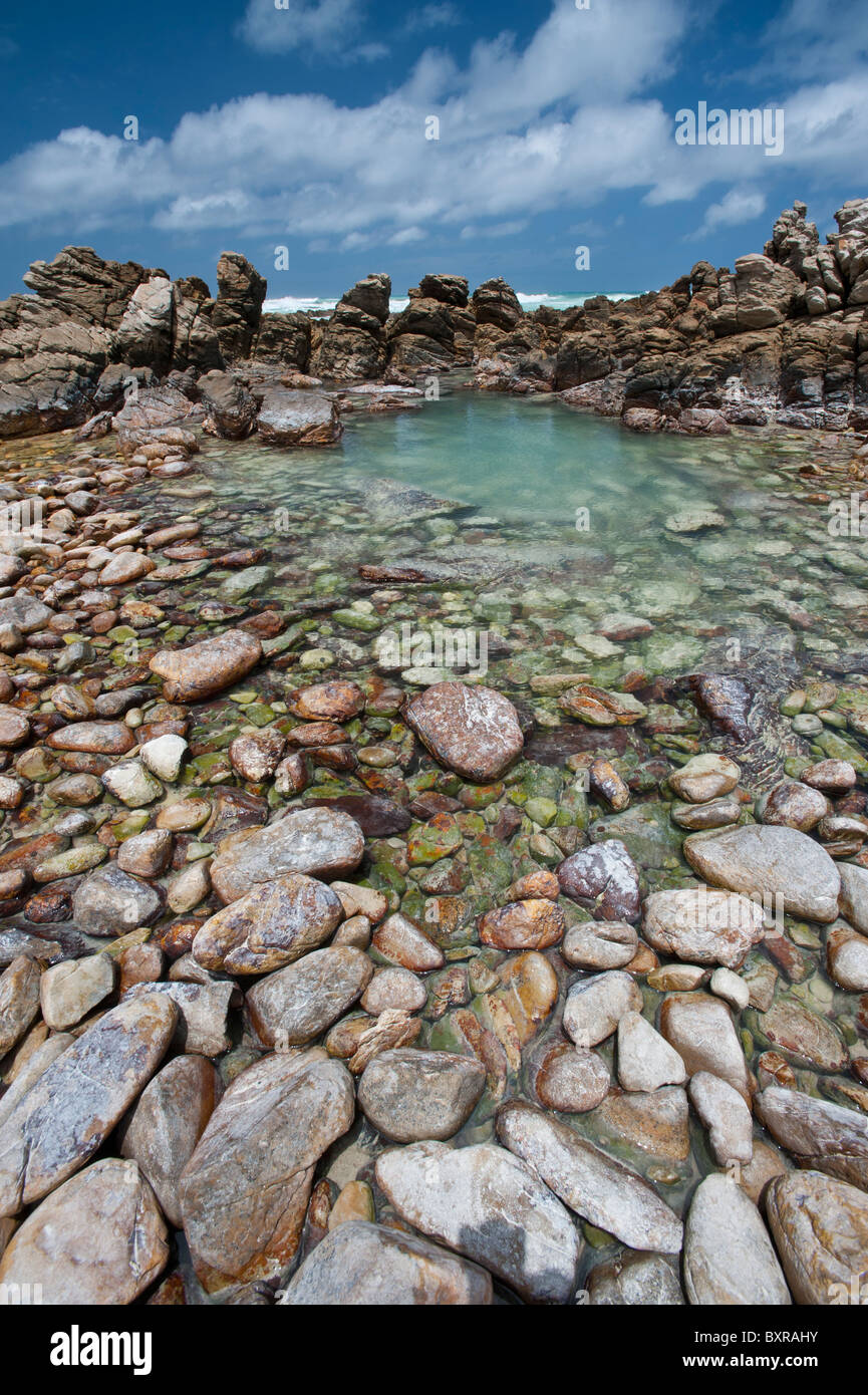 Des rochers et des cailloux le long de la côte, au Cap des aiguilles le point le plus sud de l'Afrique. L'Afrique du Sud, d'Overberg Banque D'Images