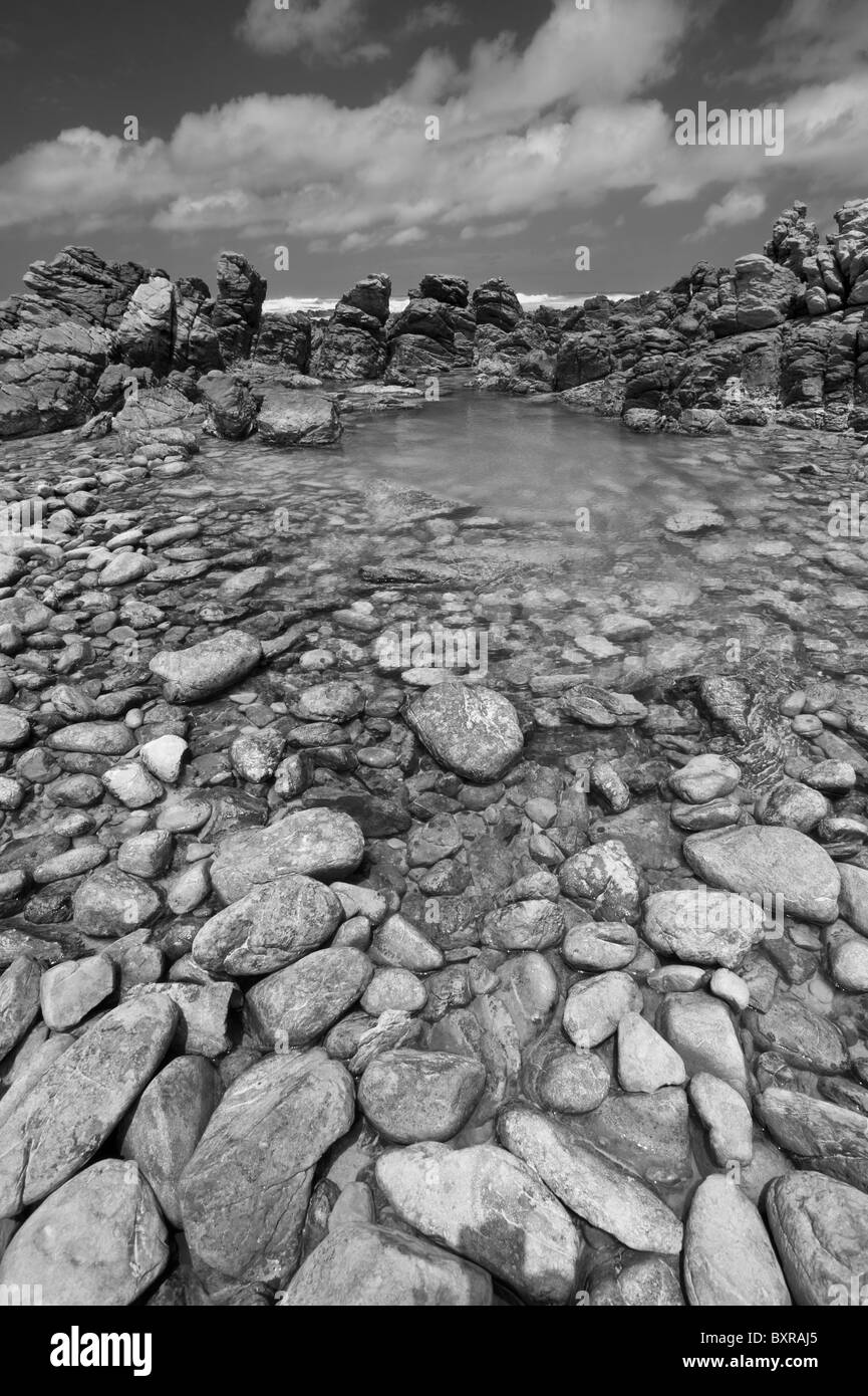 Des rochers et des cailloux le long de la côte, au Cap des aiguilles le point le plus sud de l'Afrique. L'Afrique du Sud, d'Overberg Banque D'Images