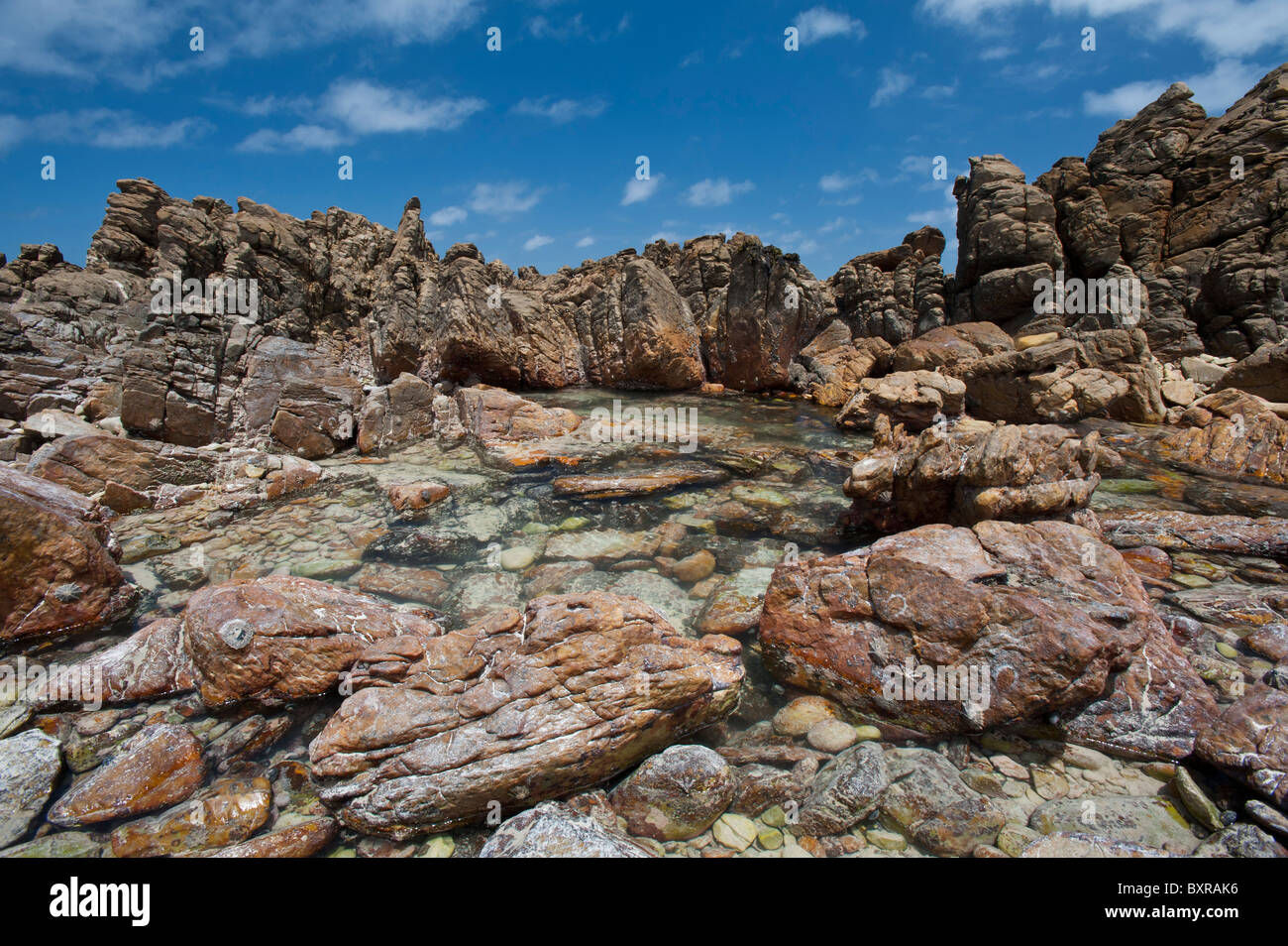 Des rochers et des cailloux le long de la côte, au Cap des aiguilles le point le plus sud de l'Afrique. L'Afrique du Sud, d'Overberg Banque D'Images