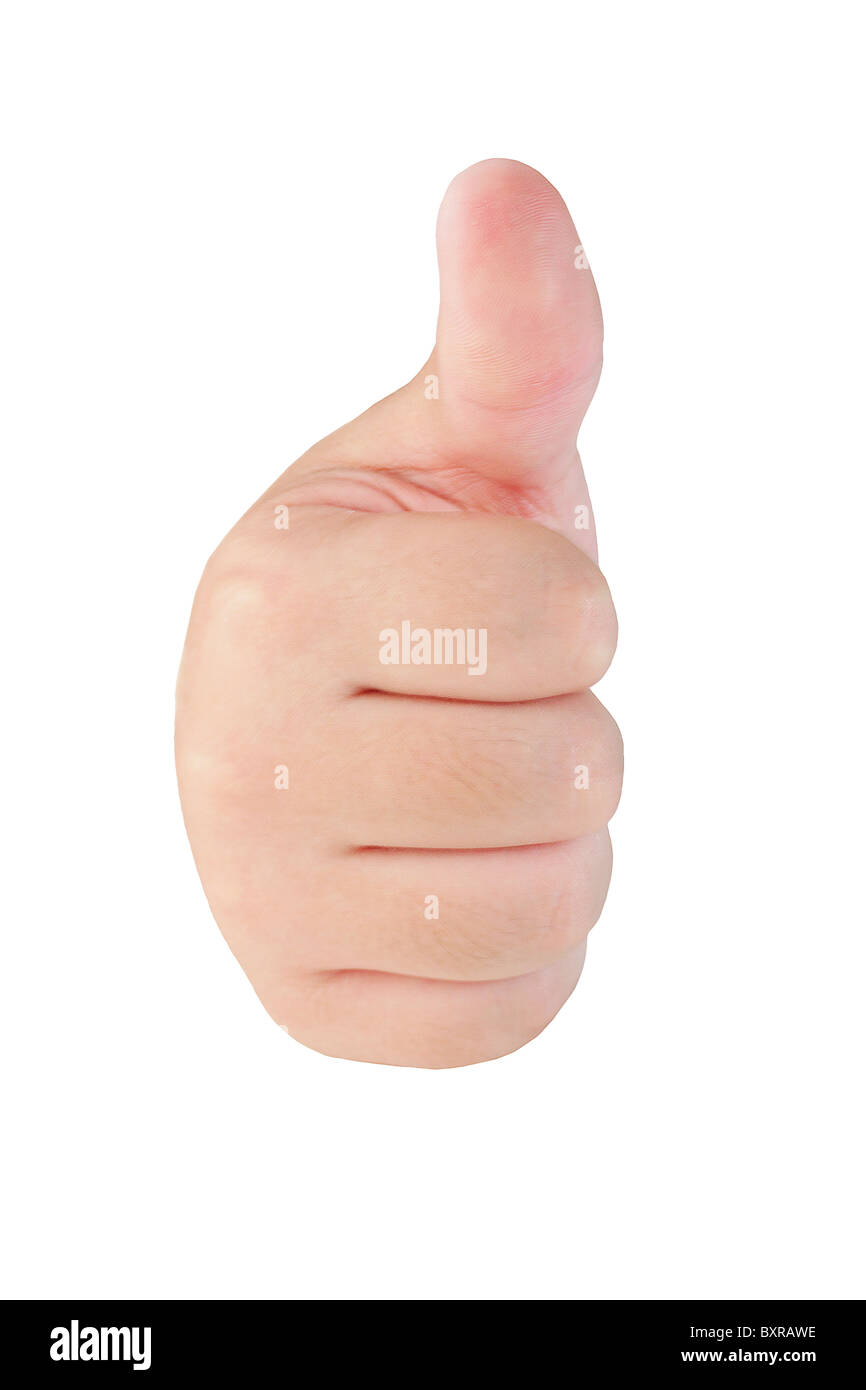 Jeune garçon's thumb up geste sur fond blanc Banque D'Images