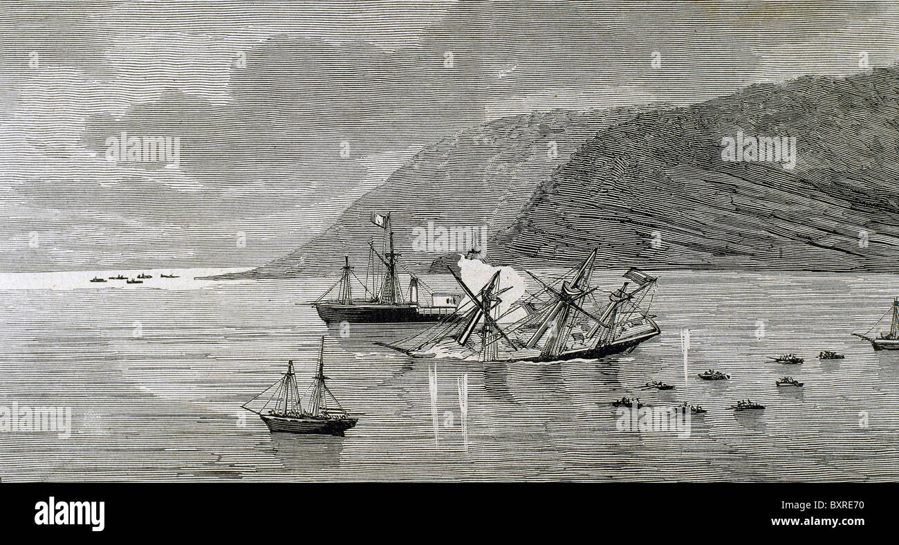 La guerre du Pacifique. Bataille d'Iquique. La corvette chilienne 'Esmeralda' est coulé par le cuirassé péruvien "Huascar" le 21 mai 1879. Banque D'Images