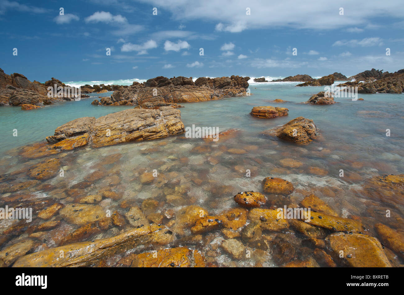 Le littoral accidenté et sombre au Cap des aiguilles le point le plus au sud de l'Afrique. L'Afrique du Sud, d'Overberg Banque D'Images