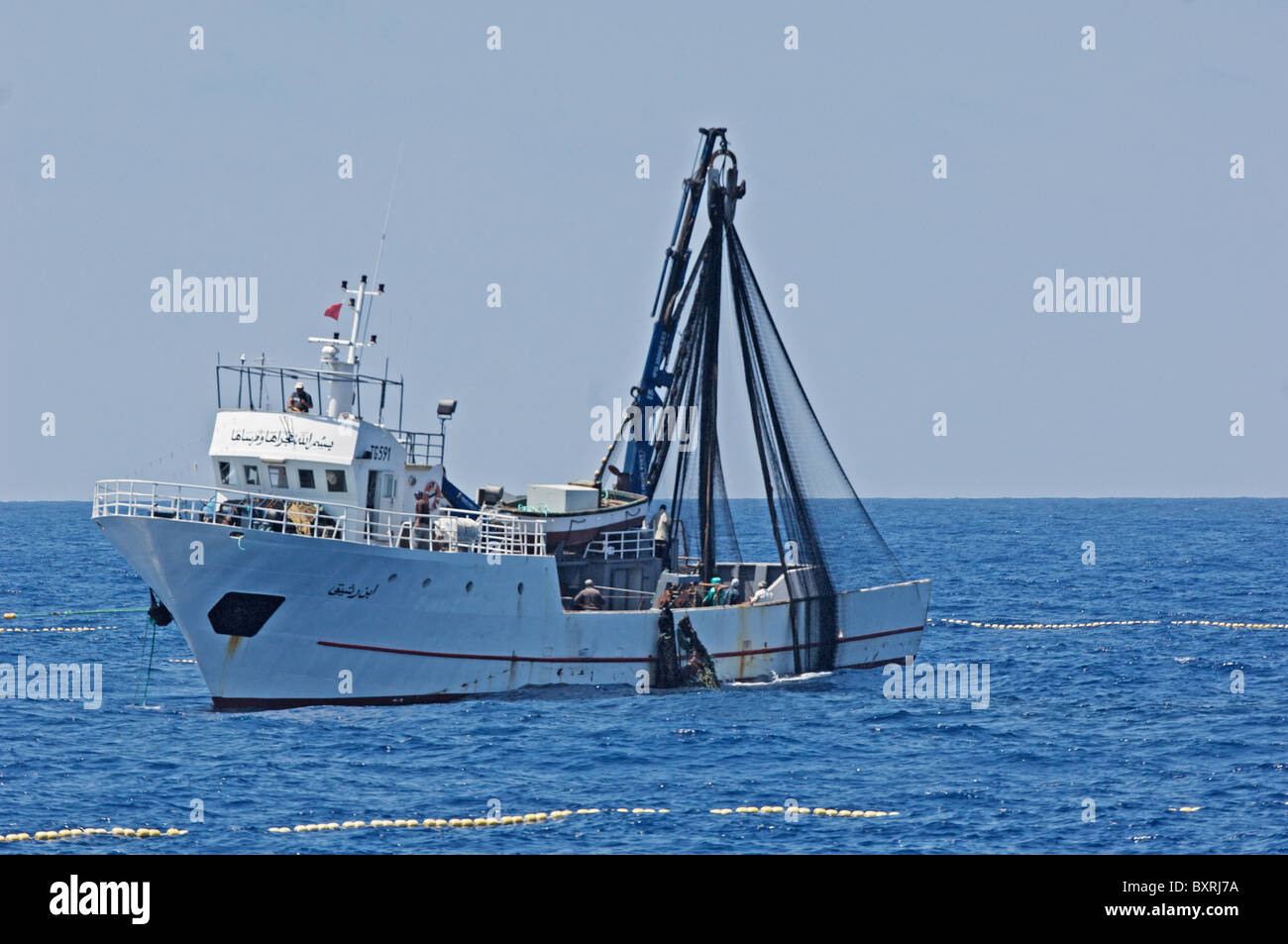 Bateau de pêche des senneurs tunisiens cathcing le thon rouge sur la Mer Méditerranée Banque D'Images