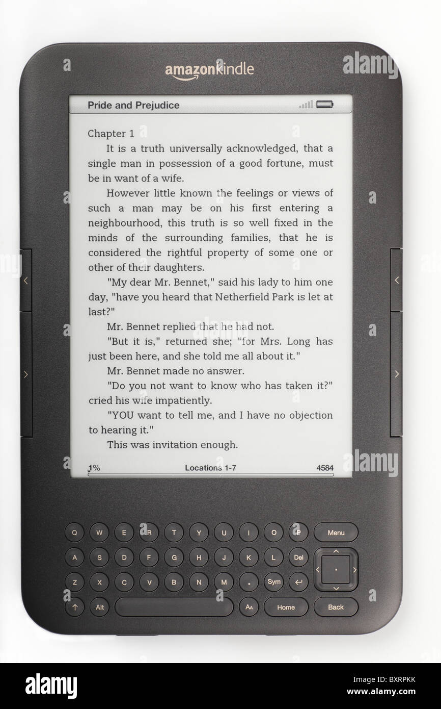Amazon Kindle 3 Ebook 2010/2011 montrant pages d'Orgueil et préjugés - Editorial Utilisez uniquement Banque D'Images