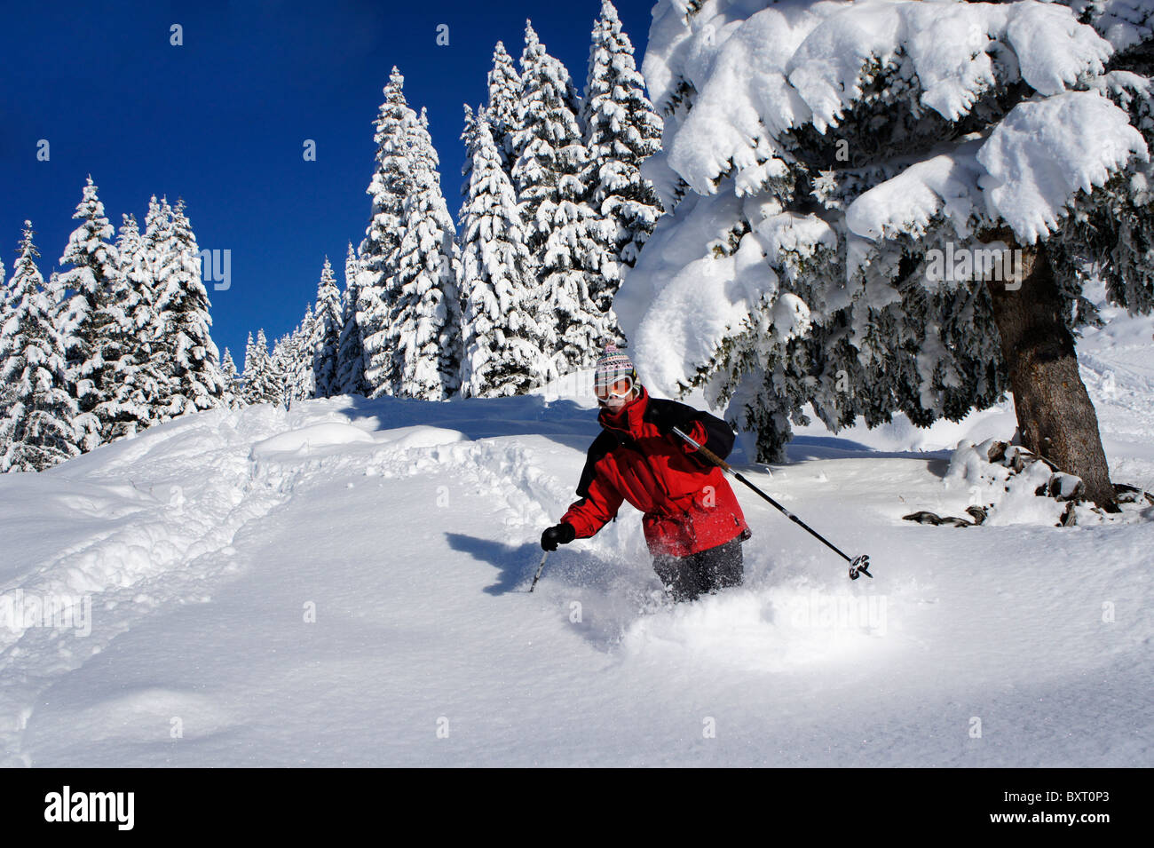Skieur dans la neige profonde, station Adelboden, Suisse Banque D'Images