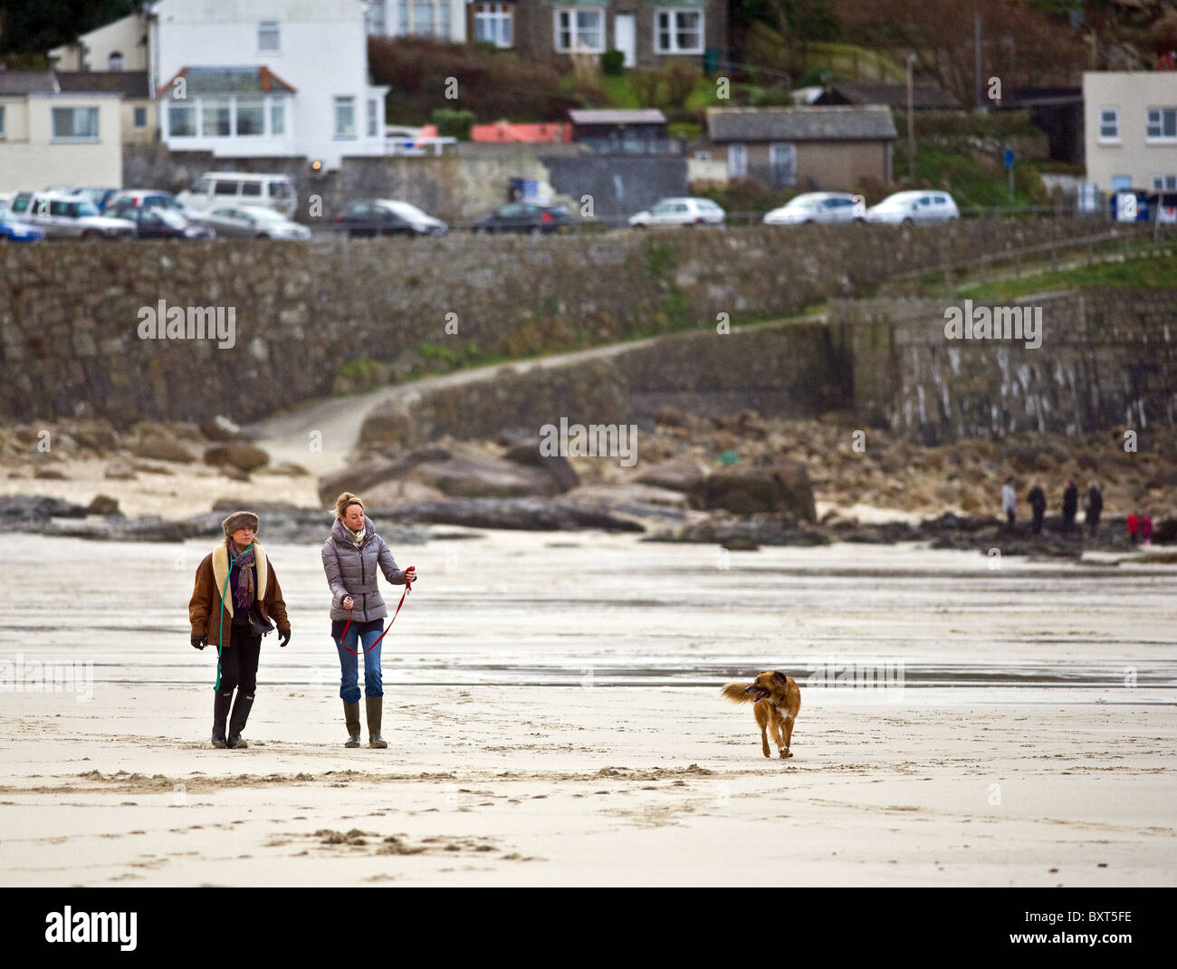 Les gens marchent en ddog sur la plage de Sennen, dans les Cornouailles. Banque D'Images