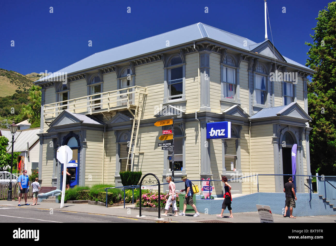 Banque BNZ, Rue Balguerie, Akaroa, la péninsule de Banks, Canterbury, Nouvelle-Zélande Banque D'Images