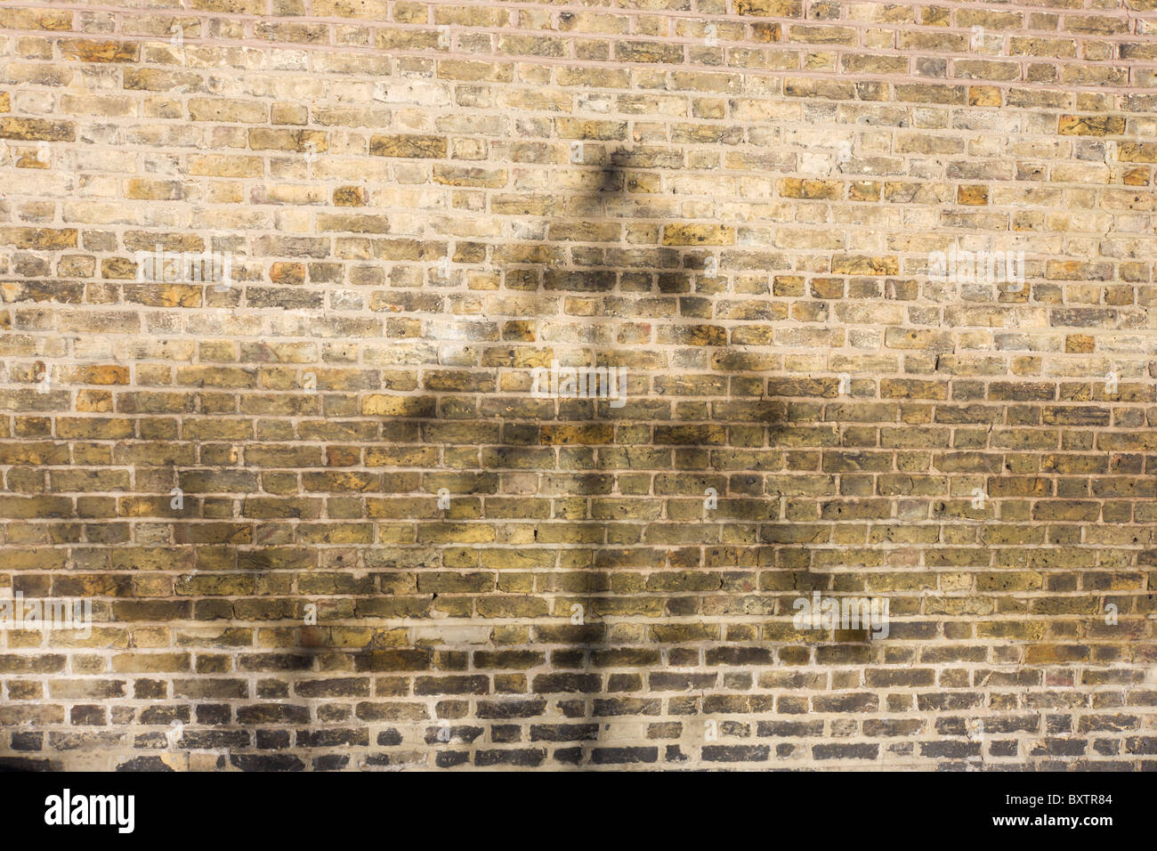 L'ombre d'un arbre de Noël afficher à partir d'une boutique de Noël à côté, sur un mur de briques. Banque D'Images