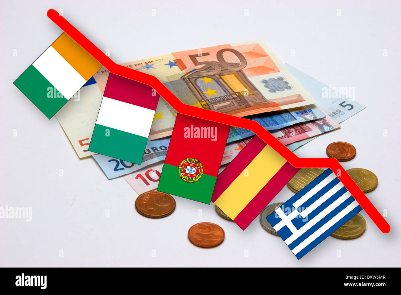 Crise de change de l'EUR pour la photo symbole de la perte de valeur de l'Euro avec les jalons de ce qu'on appelle états cochons (piggs) Banque D'Images