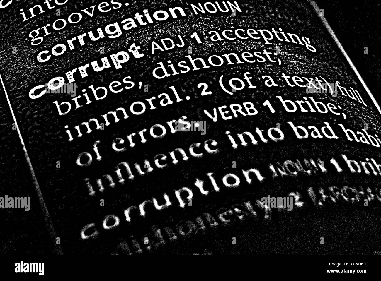 Une analyse détaillée de l'illustration photo mot corrompu description dans un dictionnaire anglais. Banque D'Images