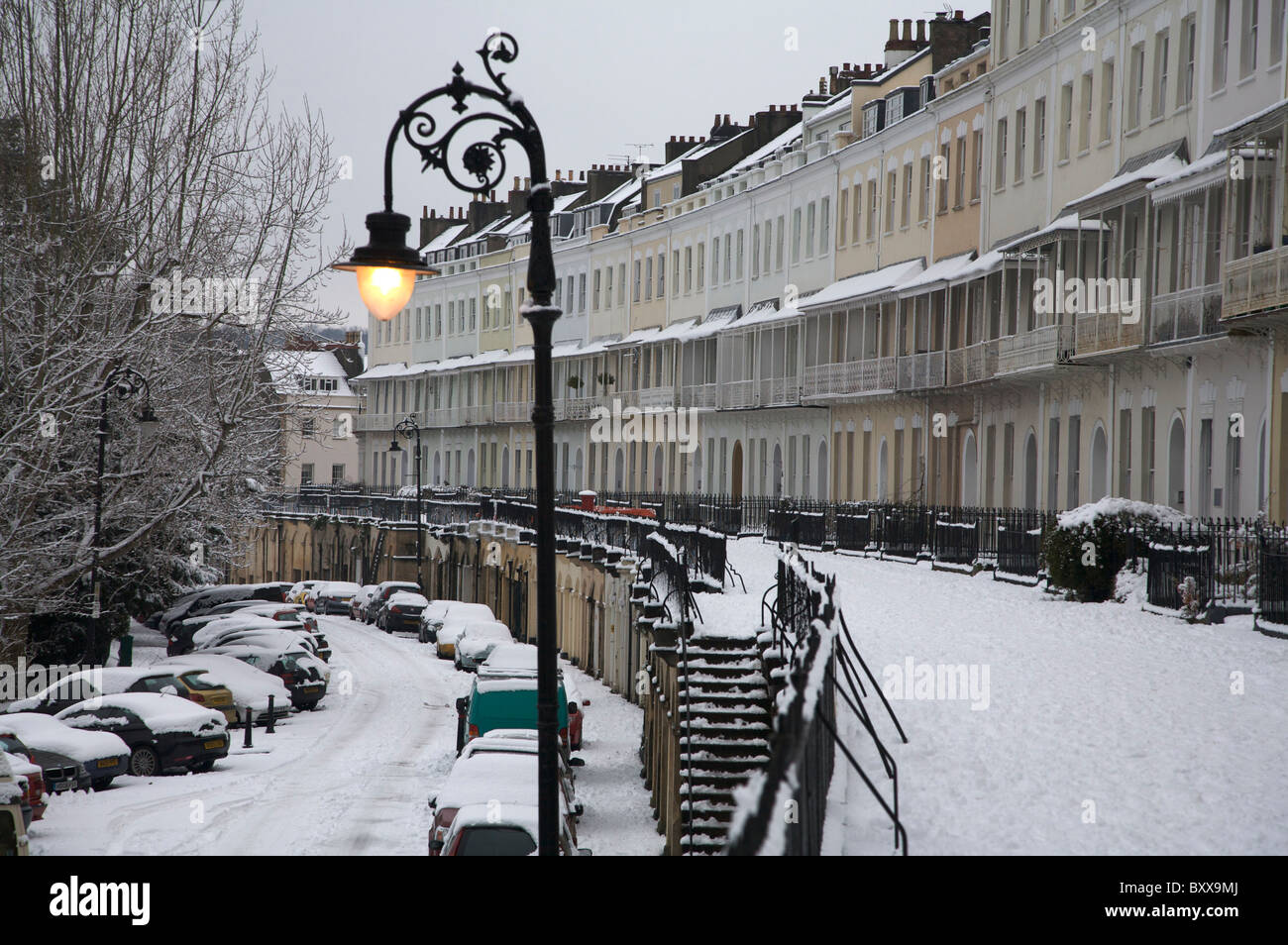 Bristol Clifton,neige,New York,Royal Crescent,Victorian, lampe allumée, Noël,Georgian Banque D'Images