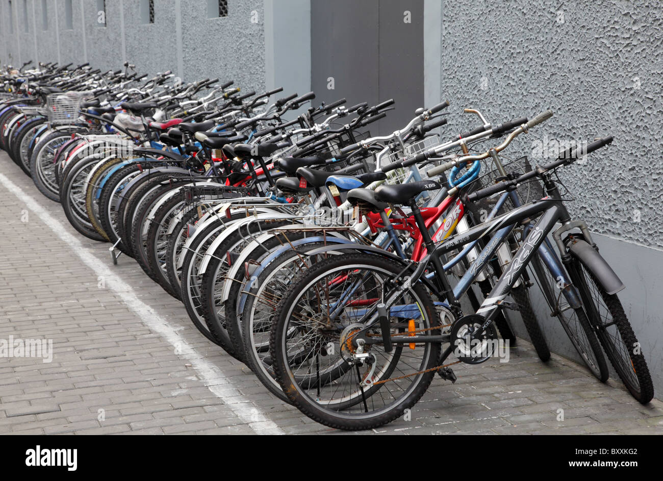 Prêt de vélos garés dans la rue, à Shanghai en Chine. Banque D'Images