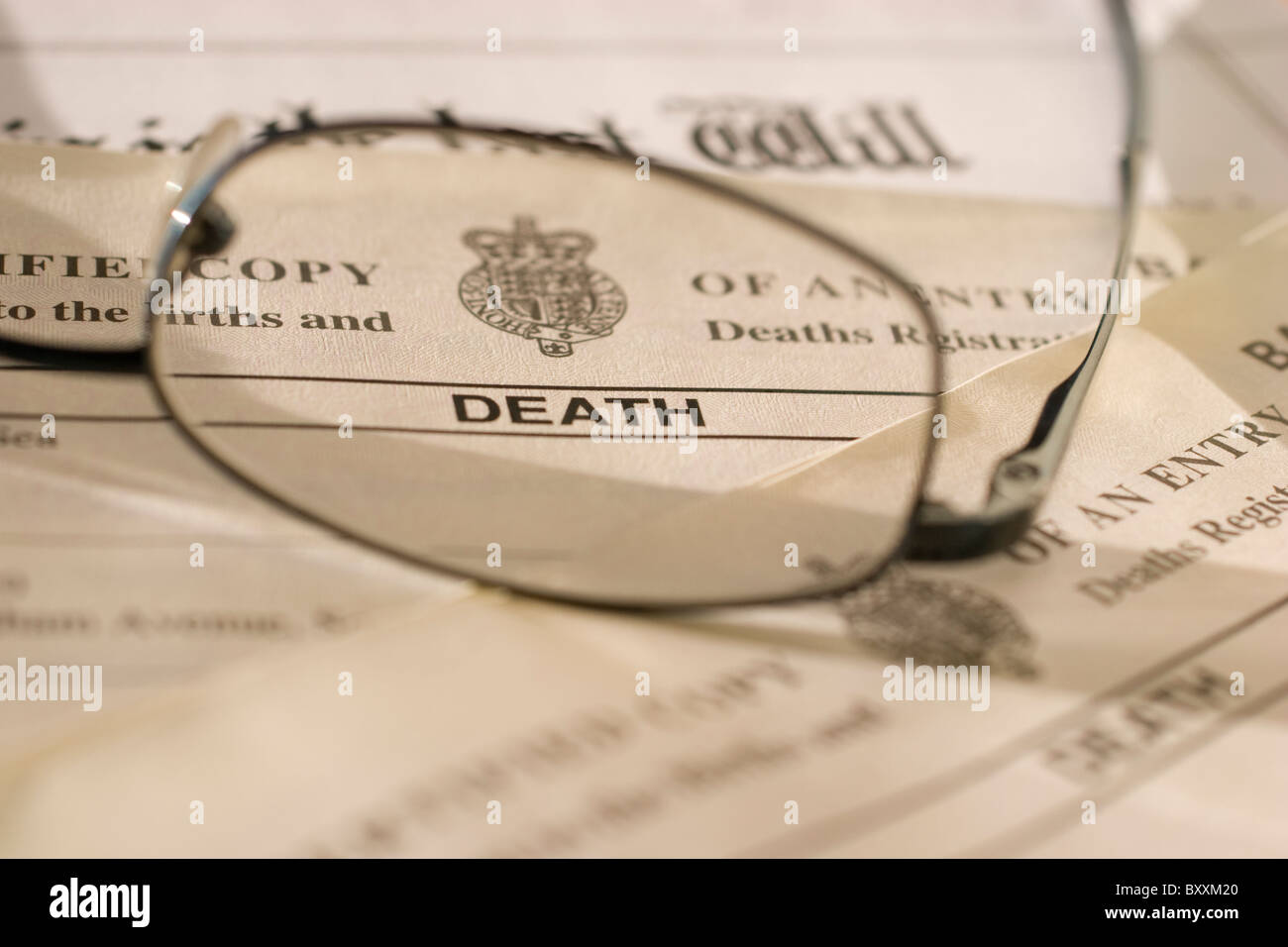 UK Certificat de décès, certificats, avec dernier testament Banque D'Images