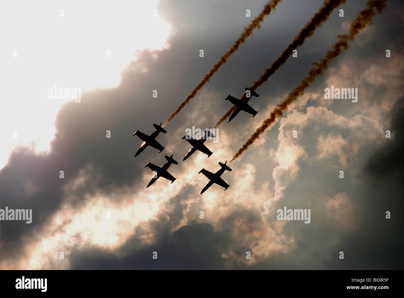 Le Breitling Jet Team français de faire un passage sur le Danube sur la journée, battant l'Aero L-39 Albatros Banque D'Images